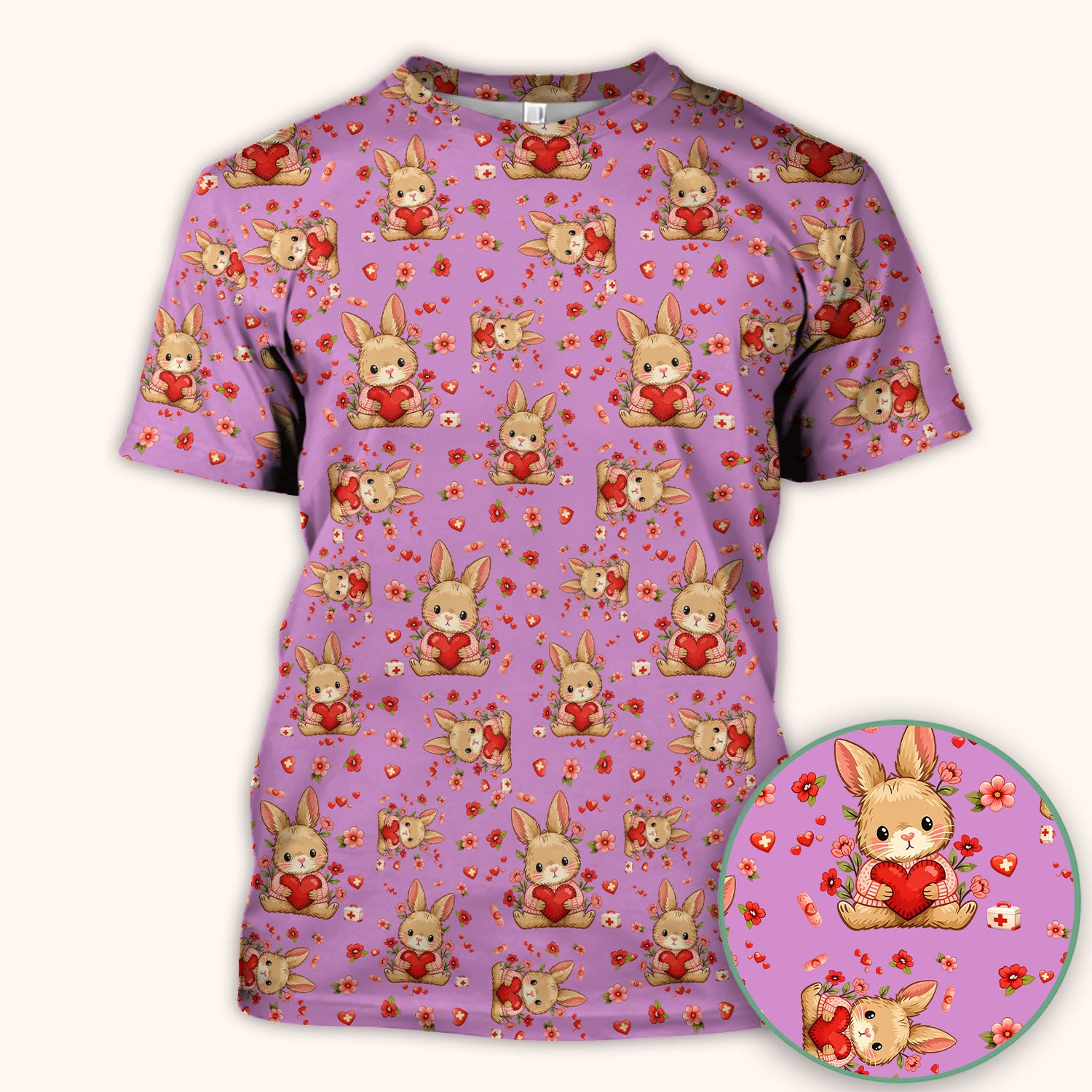 Adorable Bunny Heart Healthcare Design Scrub Top, Comfortable Scrubs for Nurses, Easter