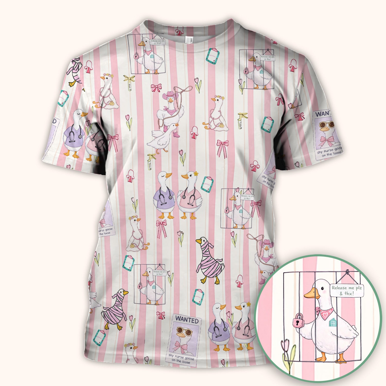 Cute Nurse Duck Stripe Pattern Scrub Top, Comfortable Scrubs for Nurses