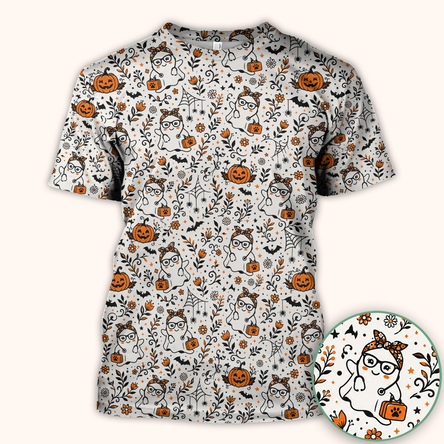 Cute Halloween Nurse Ghost And Pumpkins Scrub Top, Comfortable Scrubs for Nurses