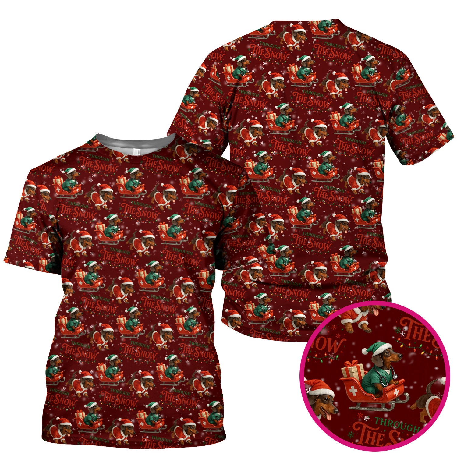 Dachshund Christmas Scrub Top, Cute Dog Nurse Scrub Shirt, Through The Snow Pattern Nursing Uniform