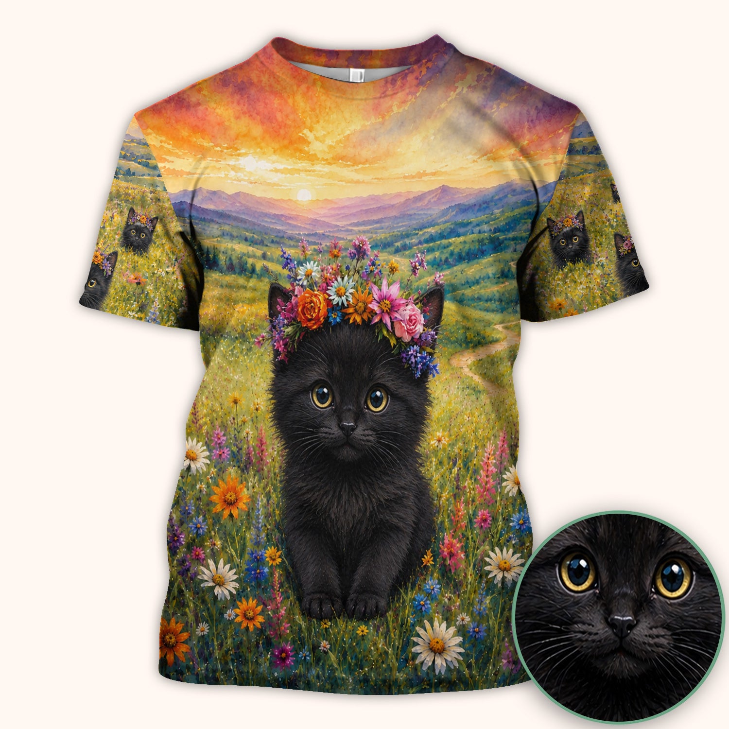 Black Kitten Flower Meadow Nurse Scrub Top for RN, CNA, Veterinary Staff, Cat Lover Uniform