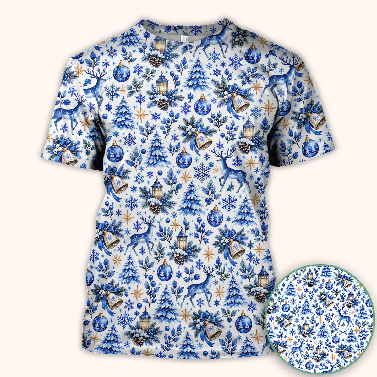 Blue Christmas Reindeer And Winter Trees Scrub Top, Comfortable Scrubs for Nurses