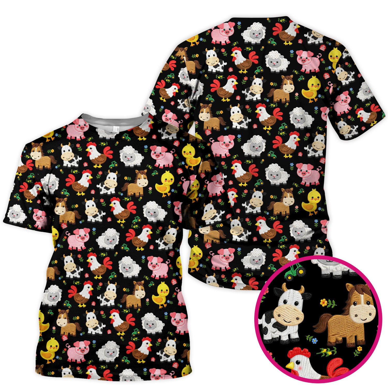 Cartoon Farm Animal Pattern Scrub Top, Breathable Fabrics Nursing Uniform