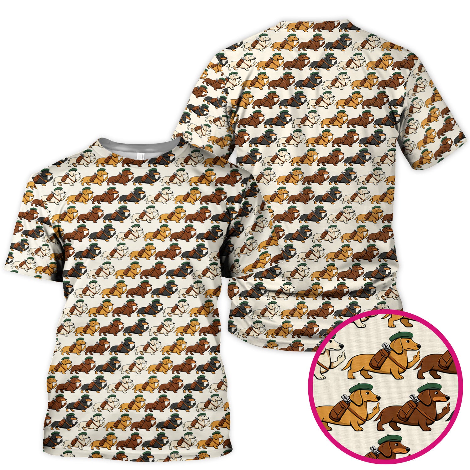 Cartoon Dachshund Dog Wearing Hat And Backpack Pattern Scrub Top, Breathable Fabrics Nursing Uniform