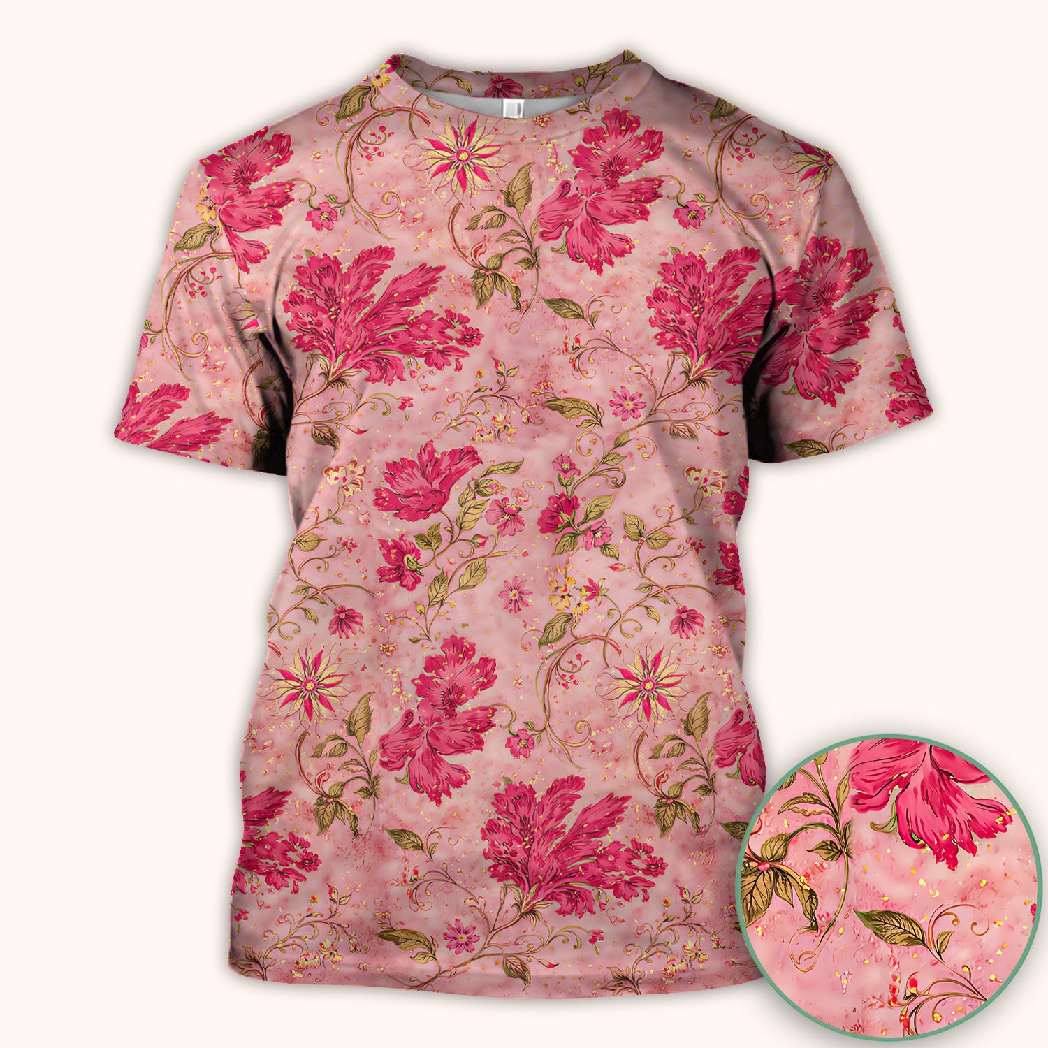 Elegant Pink Floral Vine Pattern Scrub Top, Breathable Fabrics Nursing Uniform