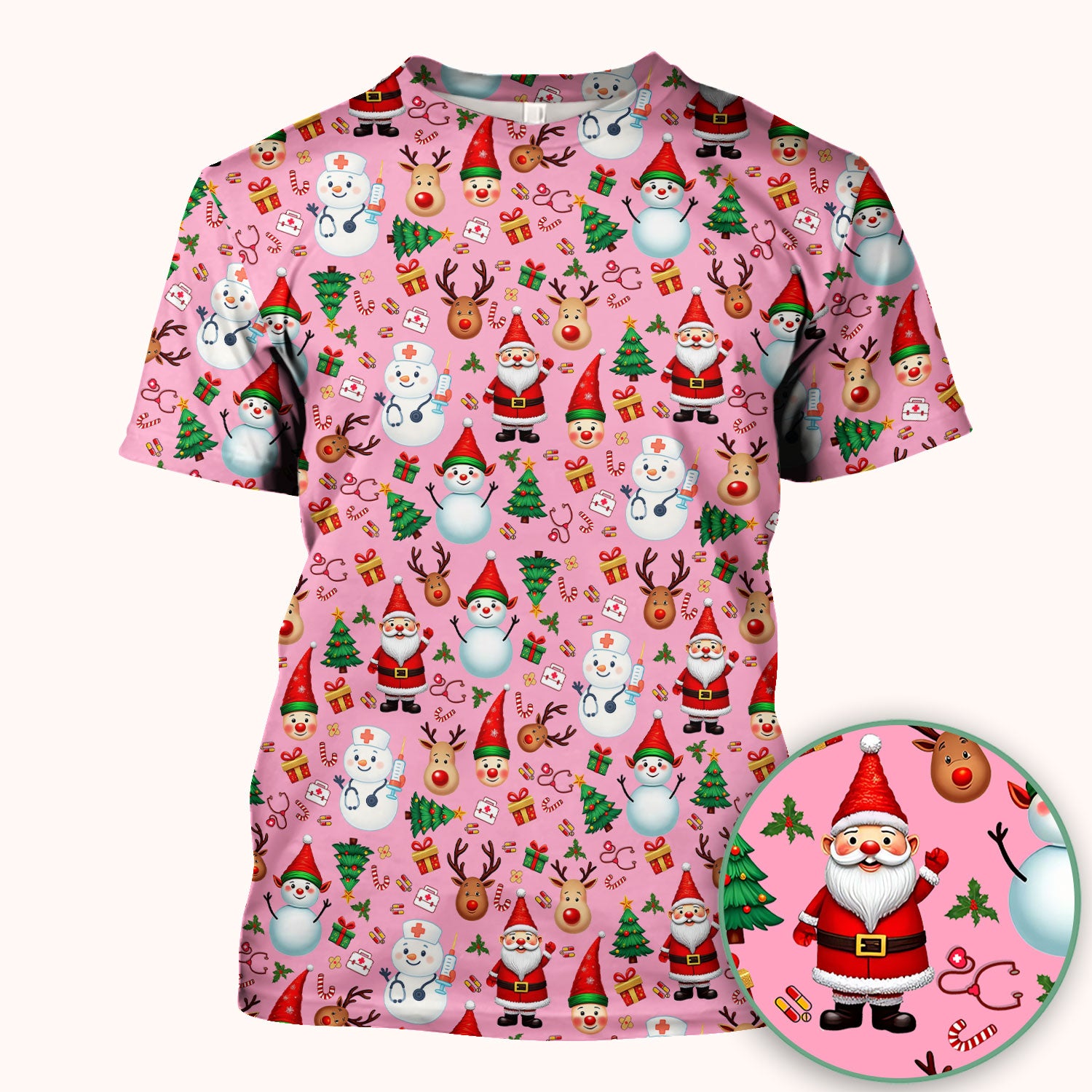 Christmas Nurse Scrub Top - Cute Snowman Santa Reindeer Pattern Medical Shirt - Festive Holiday Scrubs for Women RN CNA LPN