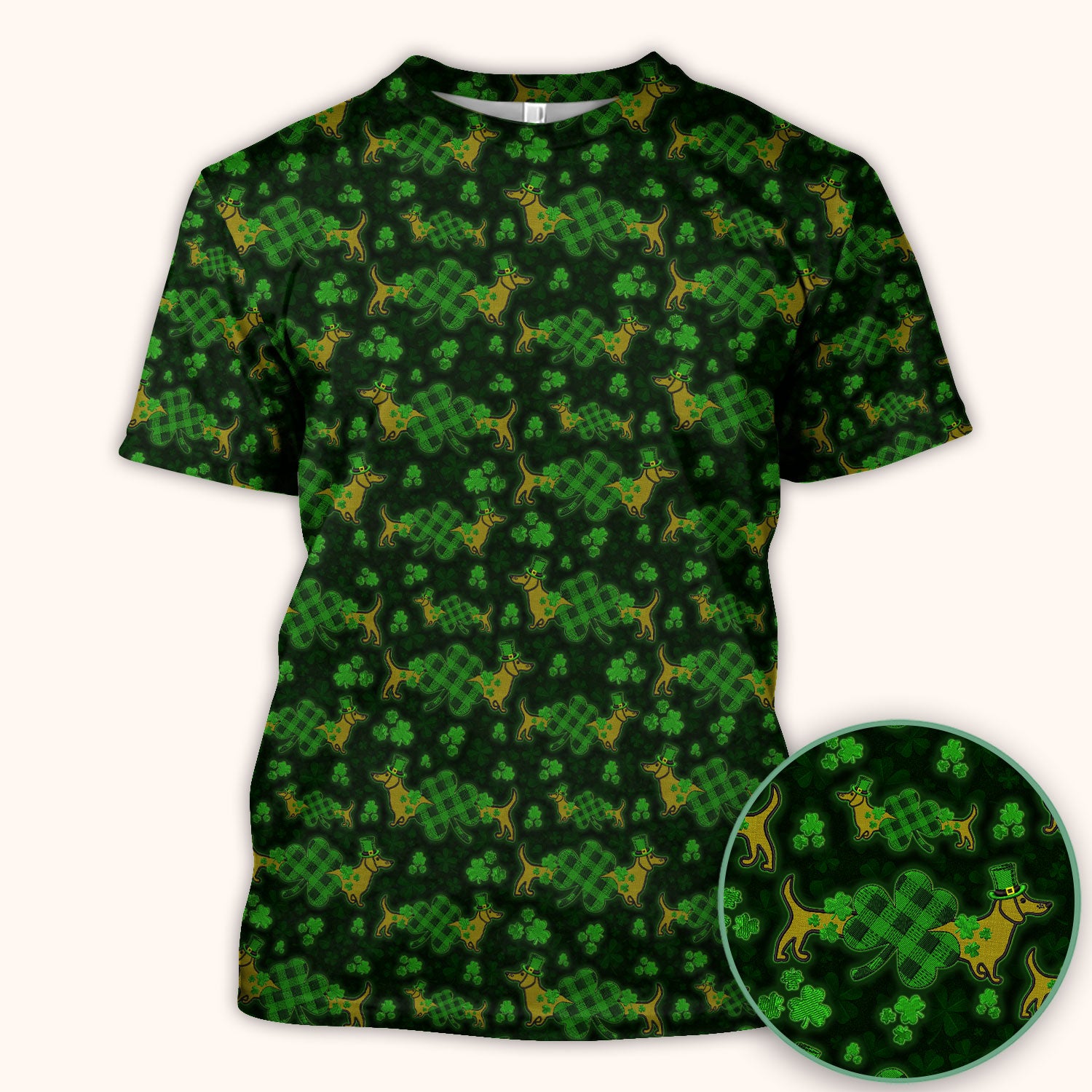 St. Patrick’s Day Dachshund Dog Pattern Scrub Top, Lucky Shamrock Puppy Nurse Scrub Shirt, Green Irish Nursing Uniform
