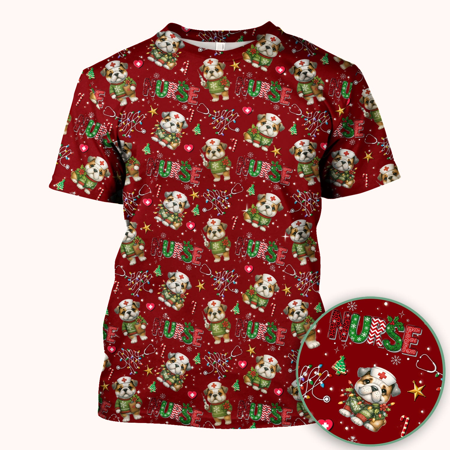 Bulldog Christmas Nurse Scrub Top - Funny Dog Scrub Shirt - Cute Holiday Medical Uniform for Women RN LPN CNA Gift
