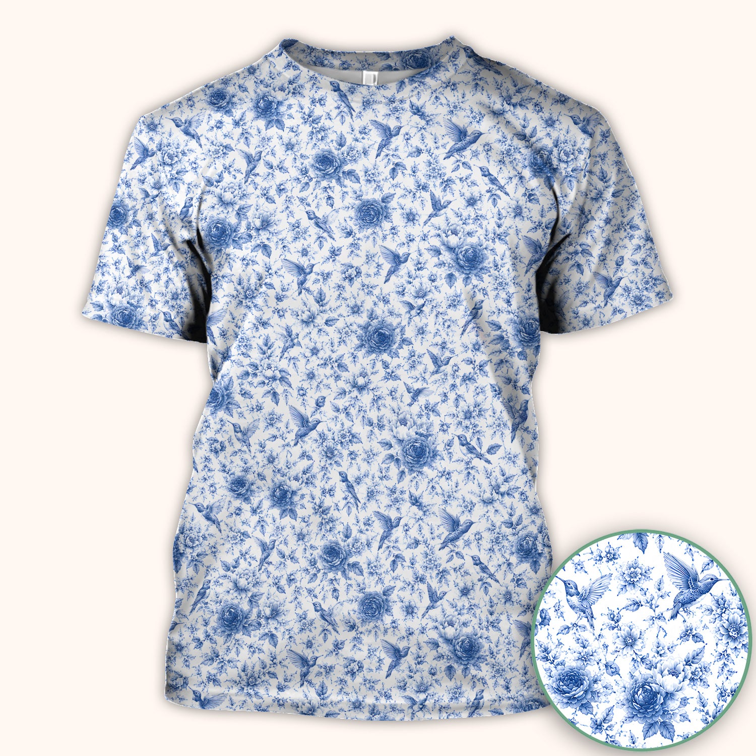 Blue Floral Hummingbird Toile Pattern Scrub Top, Comfortable Scrubs for Nurses