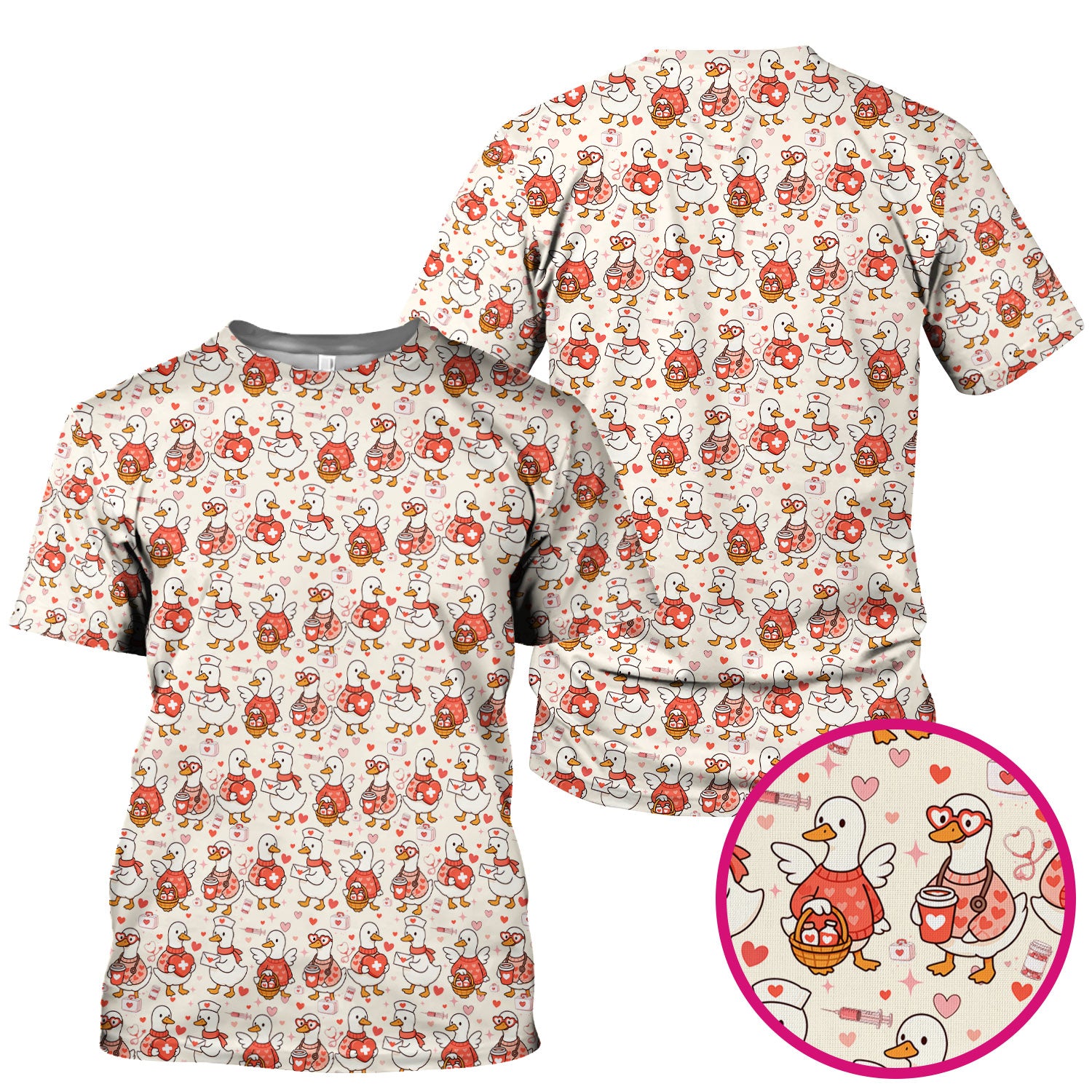 Valentine Goose Nurse Scrub Top, Heart Medical Pattern Nurse Shirt, Breathable Fabrics Nursing Uniform