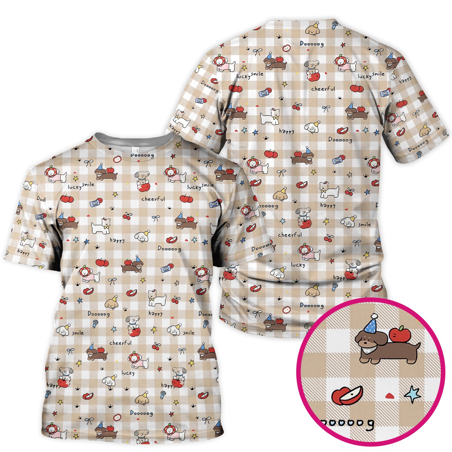 Cute Nurse Cartoon Puppy Apple Gingham Scrub Top, Breathable Fabrics Nursing Uniform