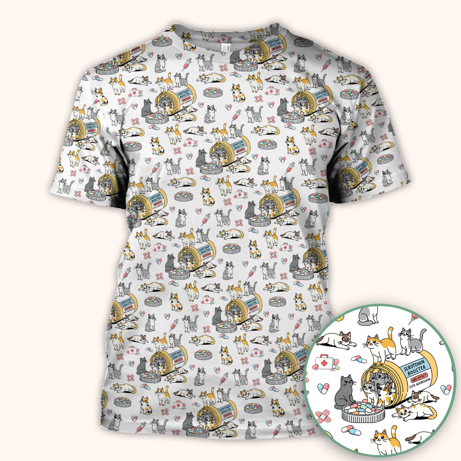 Cute Cat Serotonin Booster Pattern Scrub Top, Comfortable Scrubs for Nurses