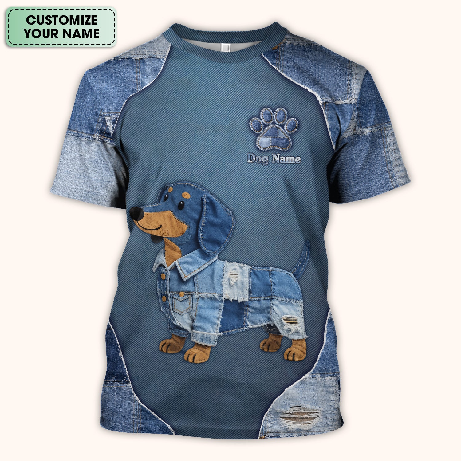 Custom Dog Name Denim Dachshund Print Scrub Top, Comfortable Scrubs for Nurses