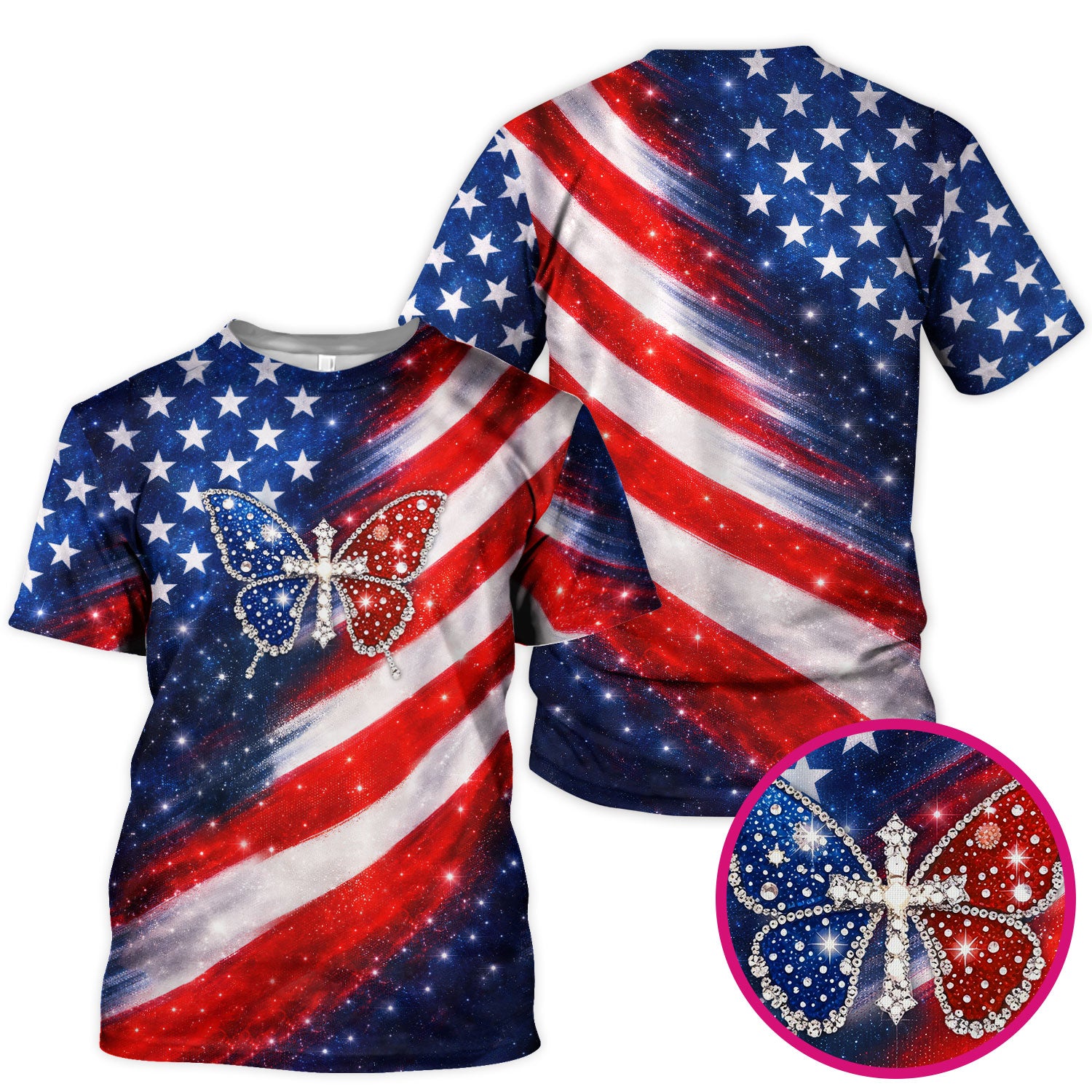 USA Flag Glitter Butterfly Rhinestone Pattern Scrubs Top, Breathable Fabrics Nursing Uniform