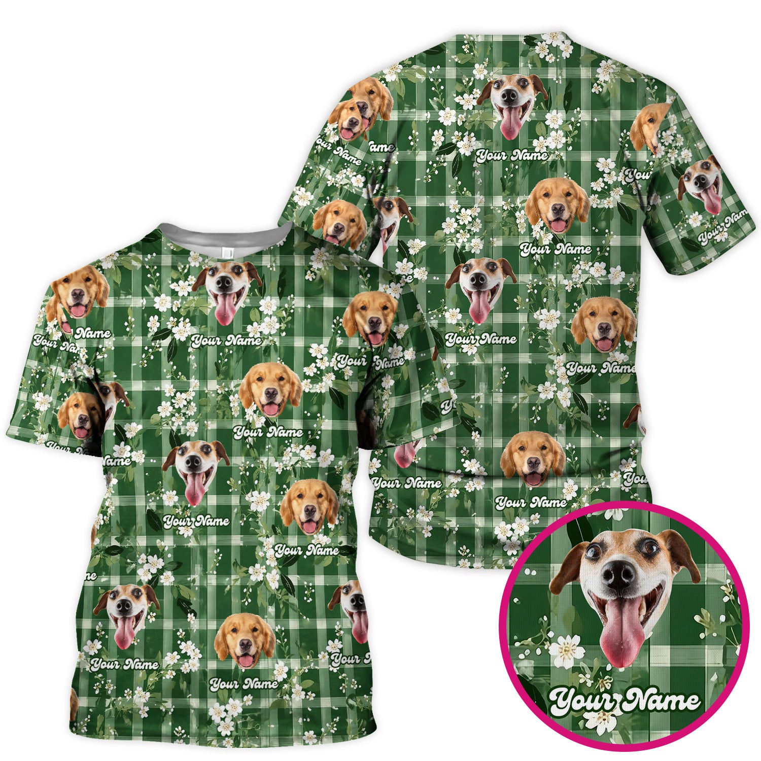 Custom Dog Face Scrub Top, Dog Green Plaid Floral Pattern Shirt, Comfortable Scrubs for Nurses