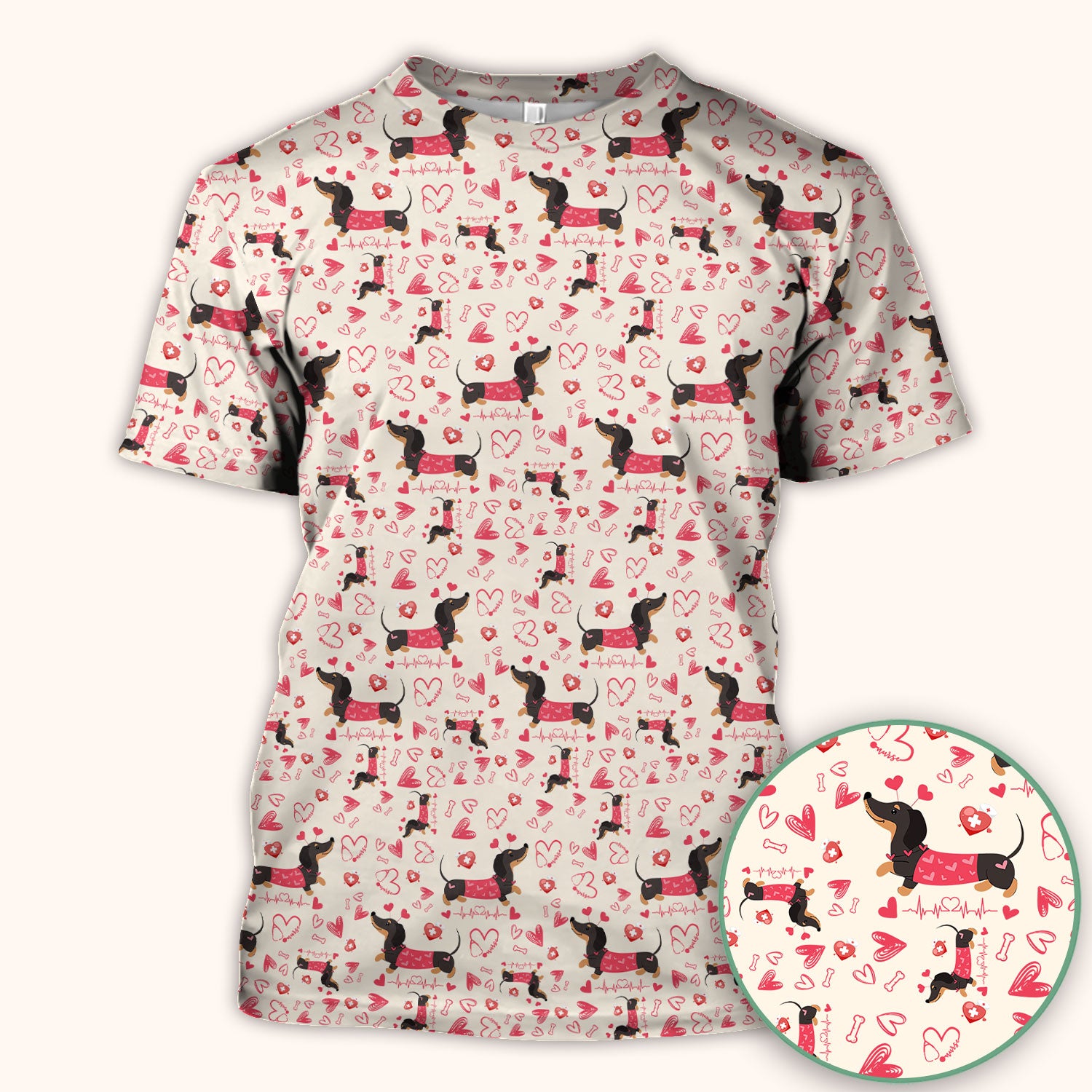 Dachshund Valentine Scrub Top, Cute Wiener Dog Heart Pattern Nurse Shirt, Breathable Fabrics Nursing Uniform