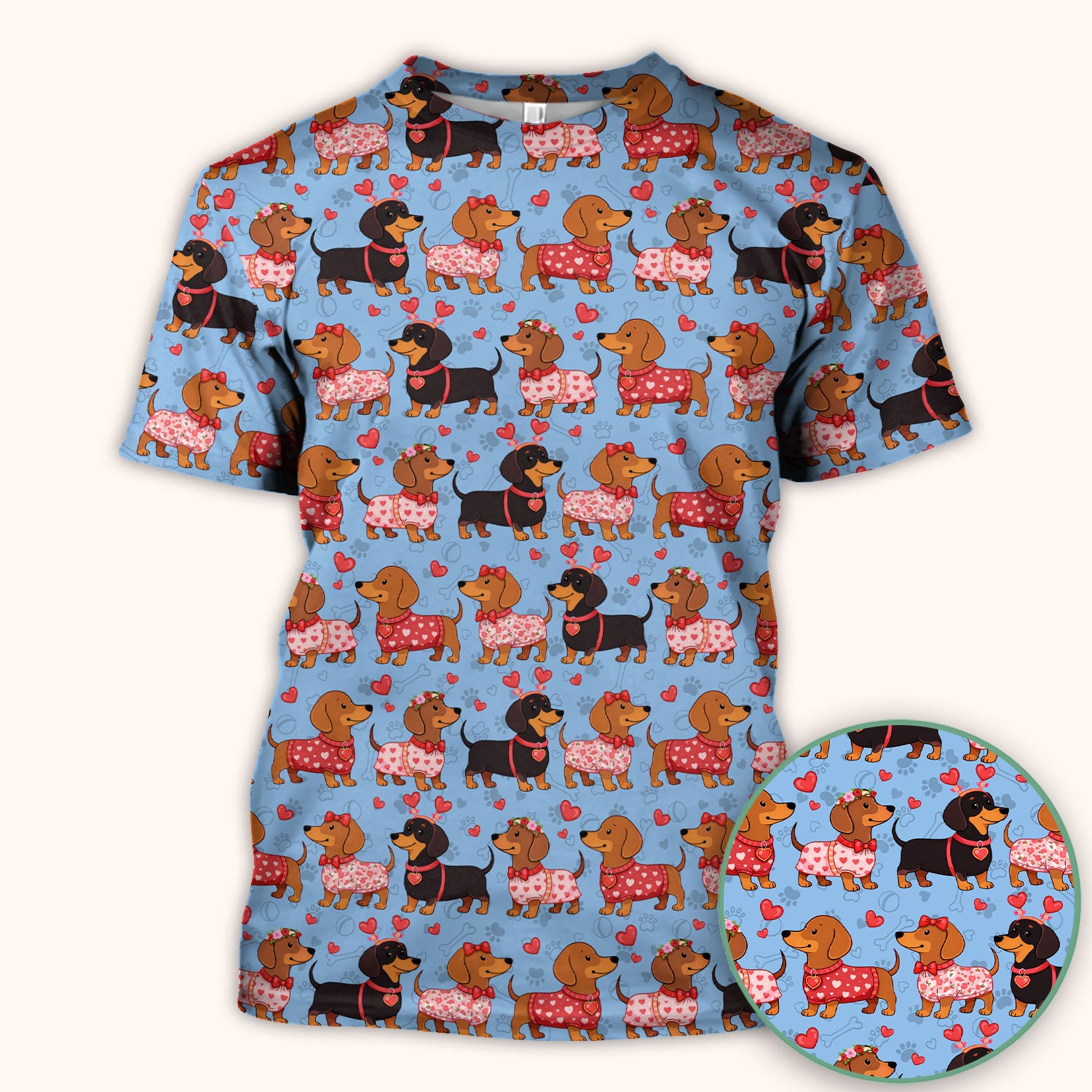 Valentine Dachshund Scrub Top, Wiener Dog Love Pattern Nurse Shirt, Breathable Fabrics Nursing Uniform