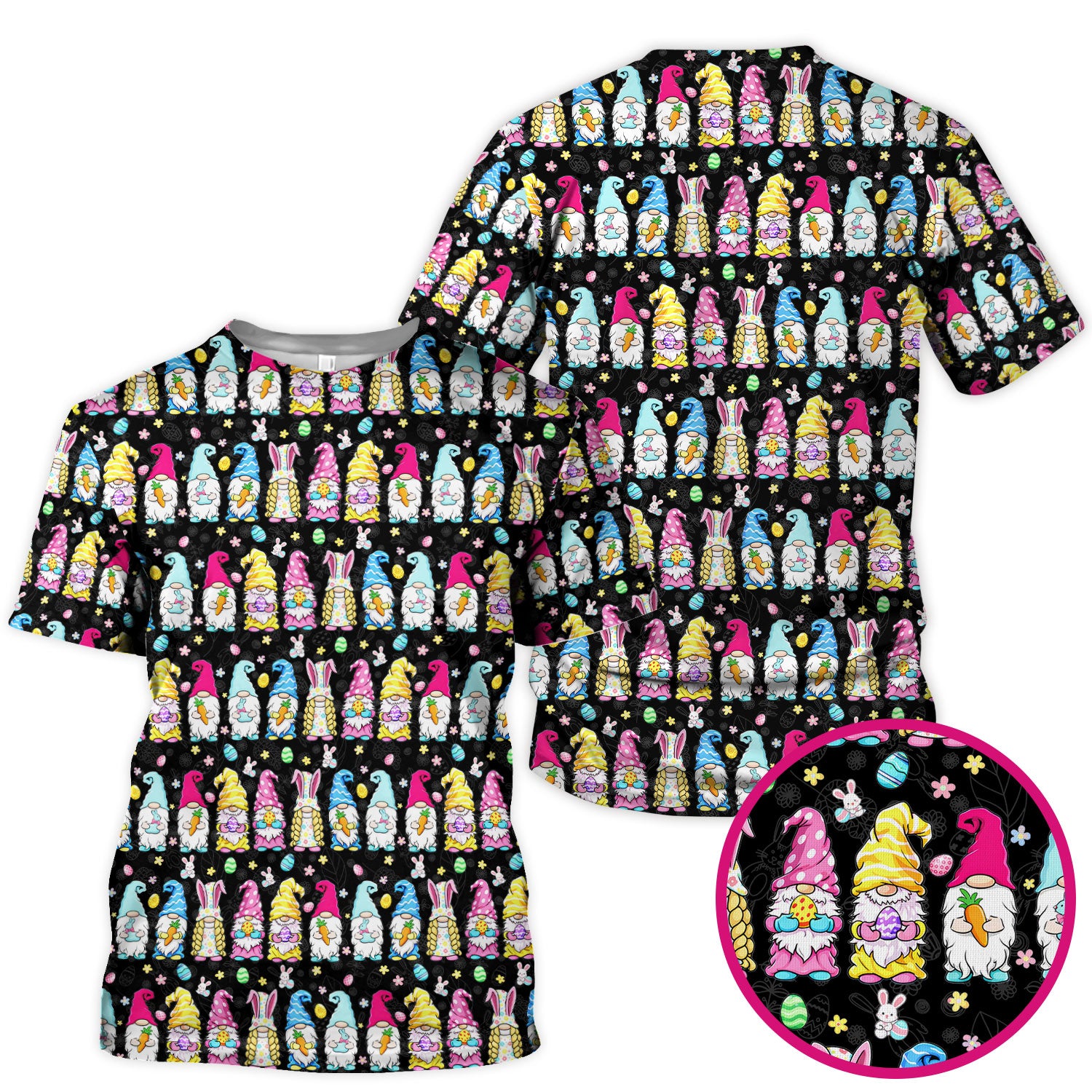 Colorful Easter Gnome Bunny Eggs Print Scrub Top, Comfortable Scrubs for Nurses