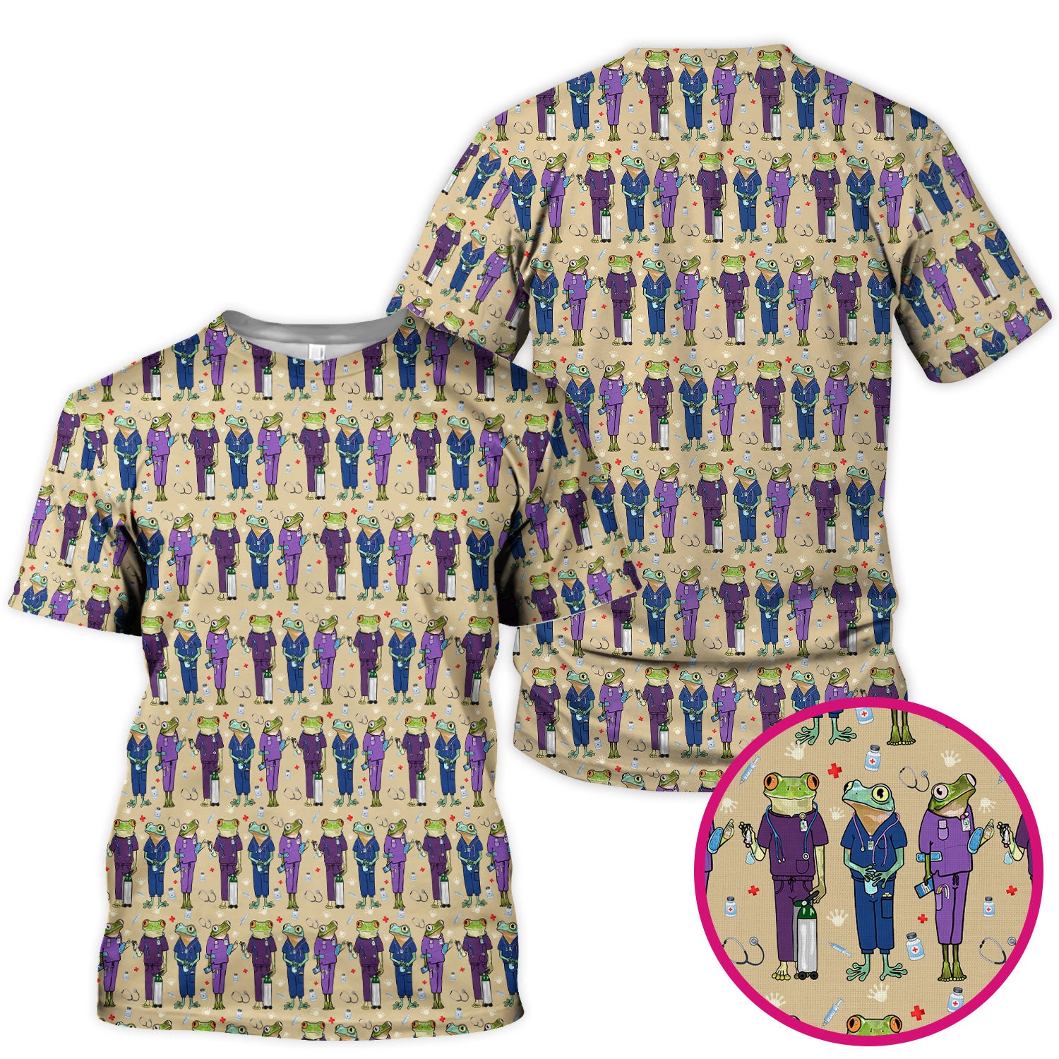 Funny Frog Nurse Pattern Scrub Top, Breathable Healthcare Uniform Top