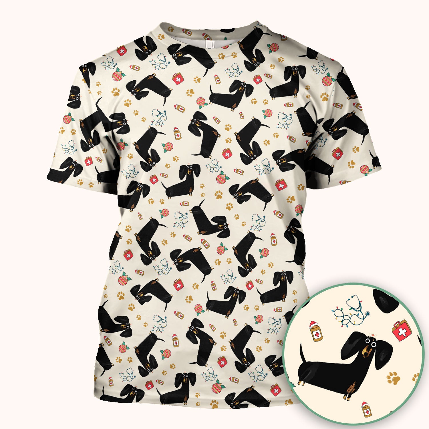 Funny Black Dachshund Scrub Top for Nurses - Cute Wiener Dog Medical Shirt - Puppy Lover Nursing Gift for Women