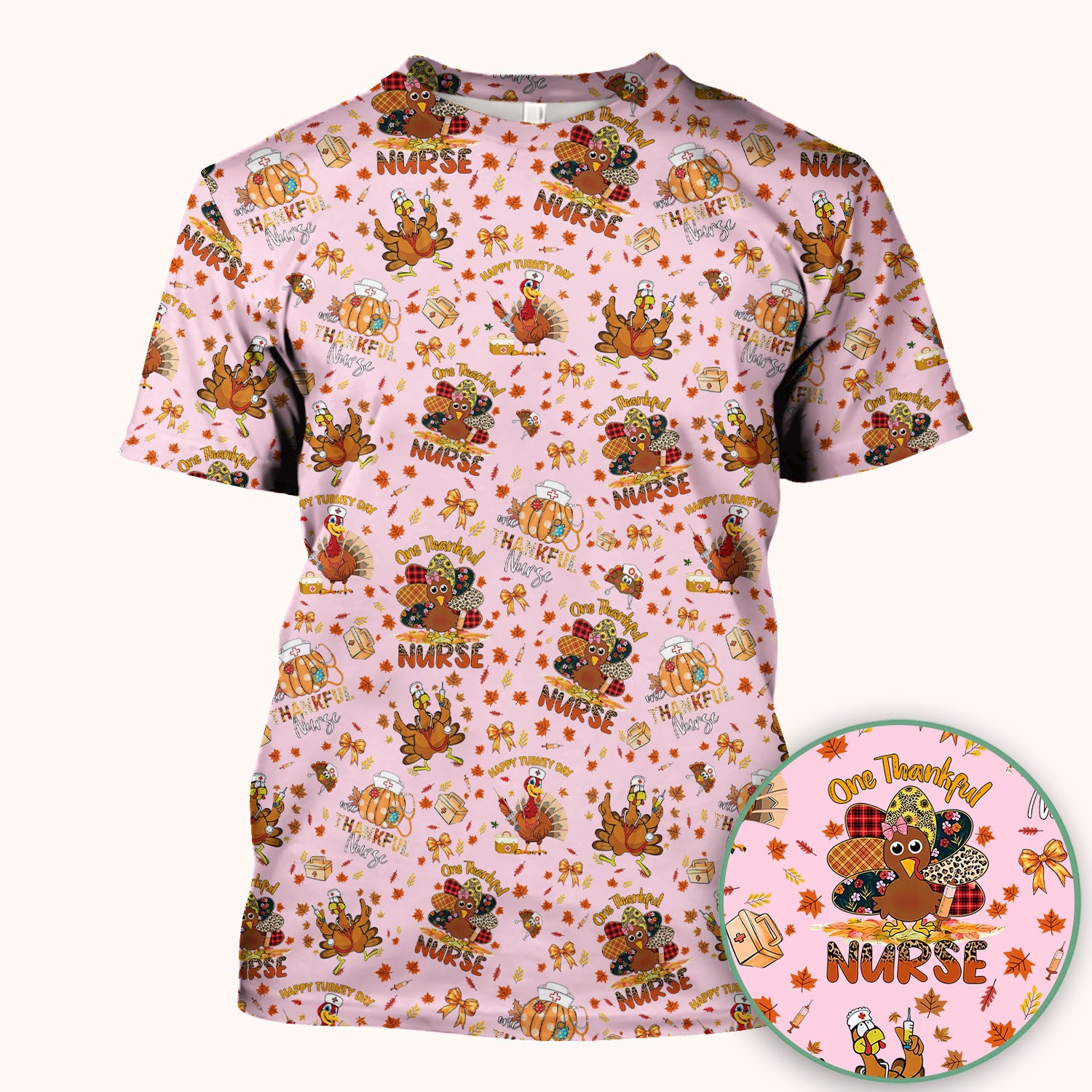 Thanksgiving Nurse Fall Scrub Top for Women - Cute Turkey and Pumpkin Shirt - Autumn Medical Shirt Gift for RN CNA LPN Doctor
