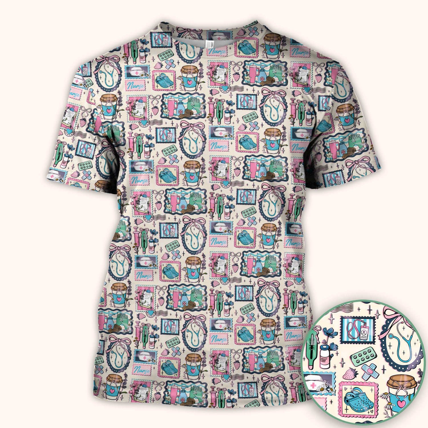 Medical Tools Stethoscope Syringe Frame Scrub Top, Breathable Fabrics Nursing Uniform
