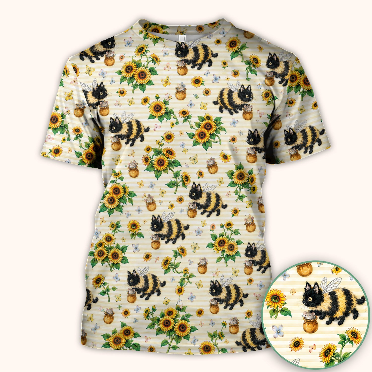 Cute Bumblebee Cat Sunflower Pattern Scrub Top, Comfortable Scrubs for Nurses