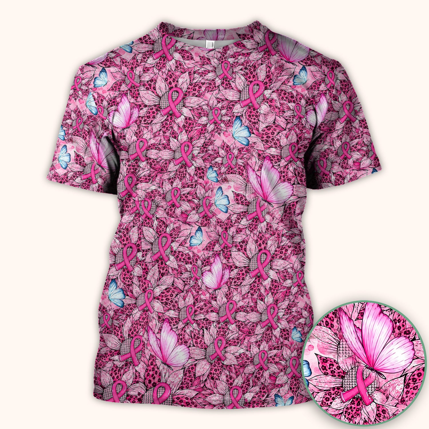 Pink Ribbon Butterfly Breast Cancer Scrub Top, Comfortable Scrubs for Nurses