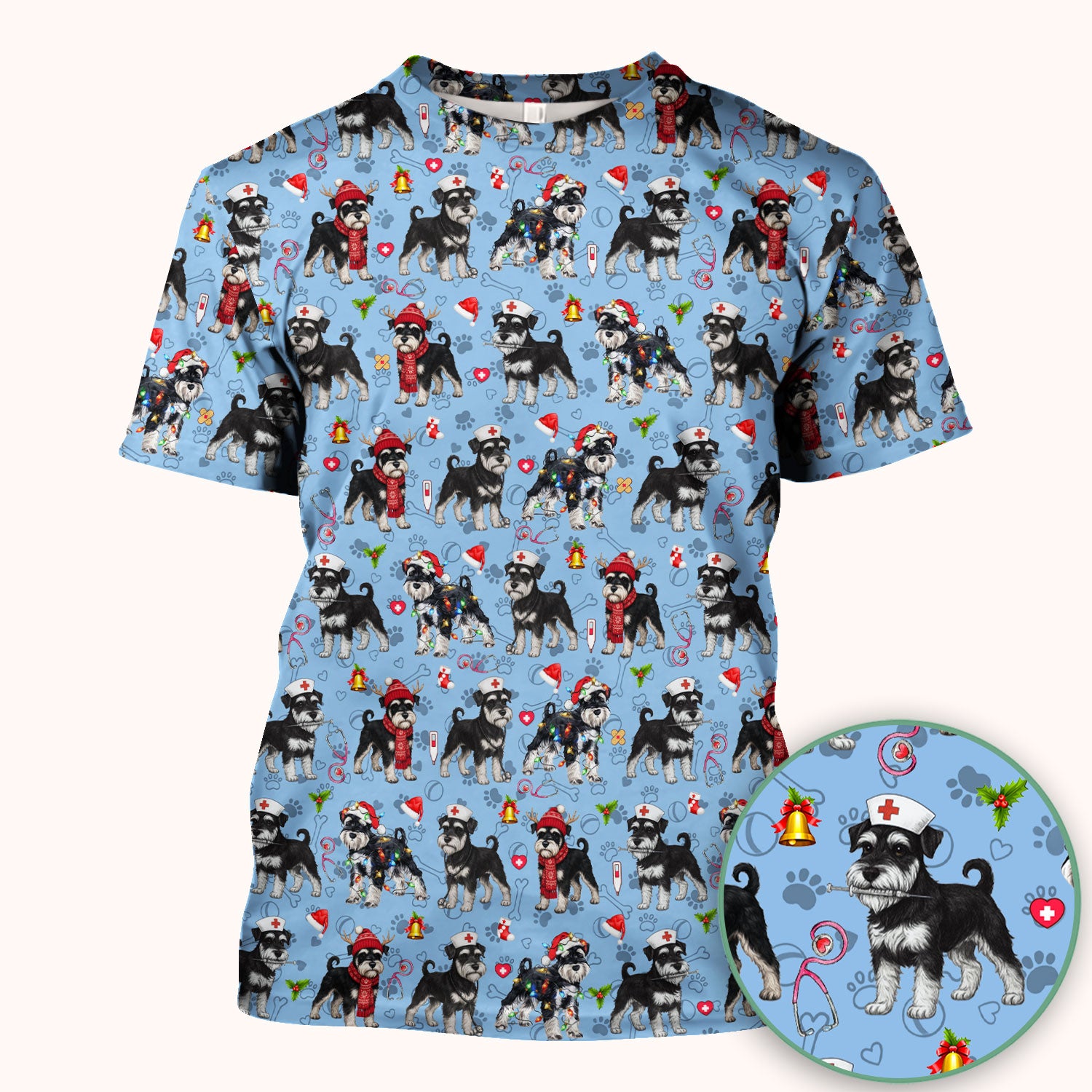 Christmas Schnauzer Scrubs for Nurses - Cute Dog Holiday Scrub Top - Funny Santa Nursing Medical Shirt for Women