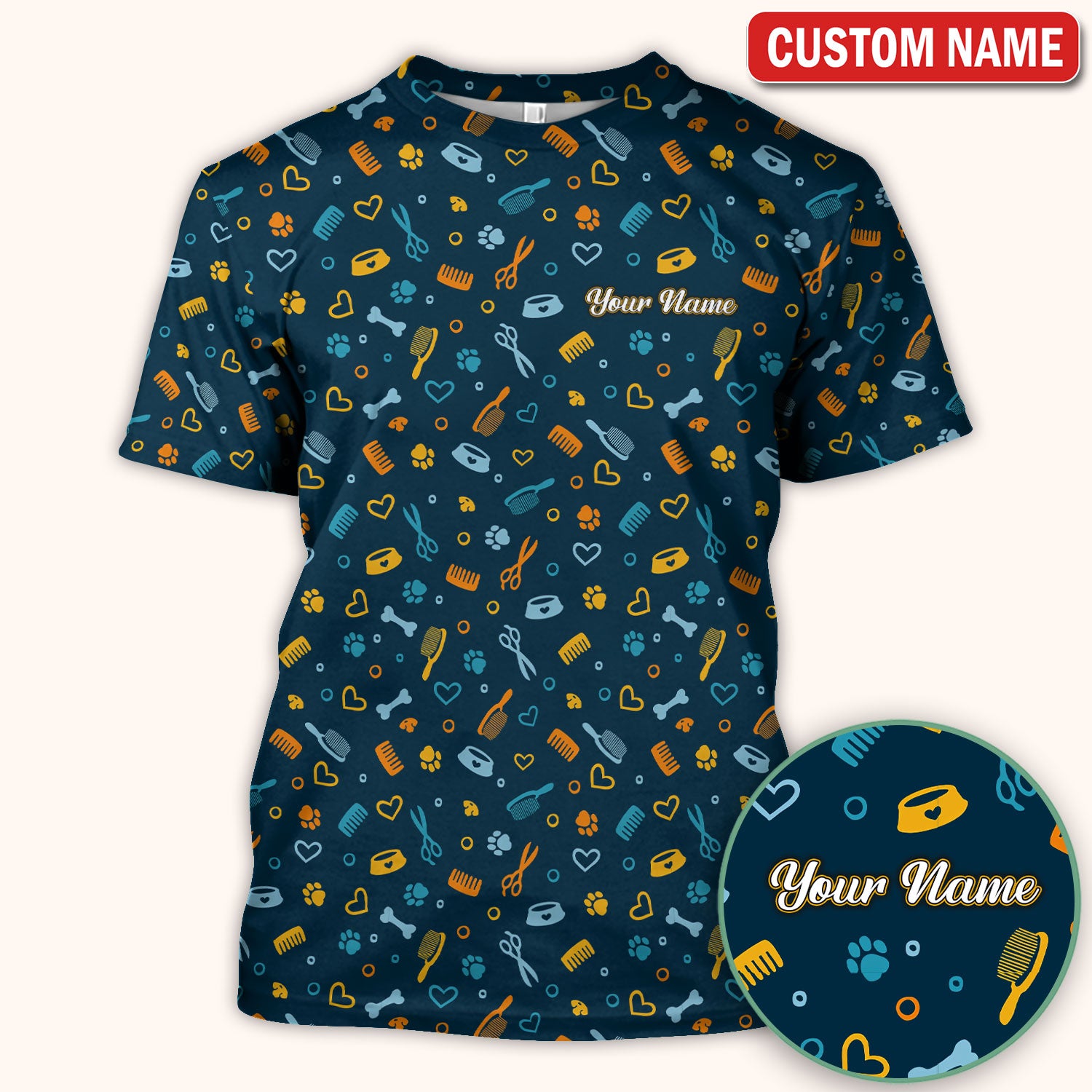 Custom Name Dog Cat Grooming Pattern Scrub Top, Breathable Fabrics Nursing Uniform