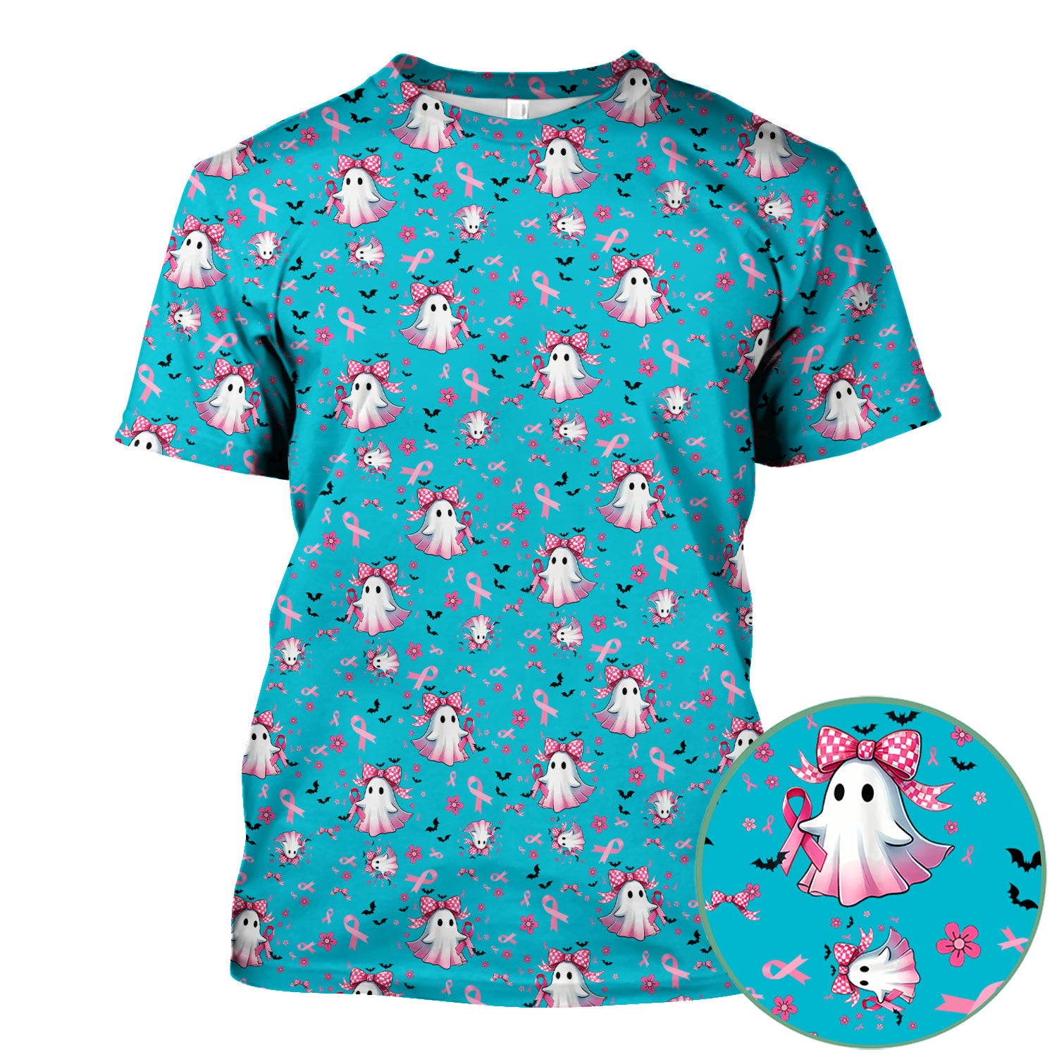Halloween Ghost Scrub Top for Women - Breast Cancer Awareness Pink Ribbon Nurse Shirt - Cute Spooky Medical Uniform RN LPN CNA