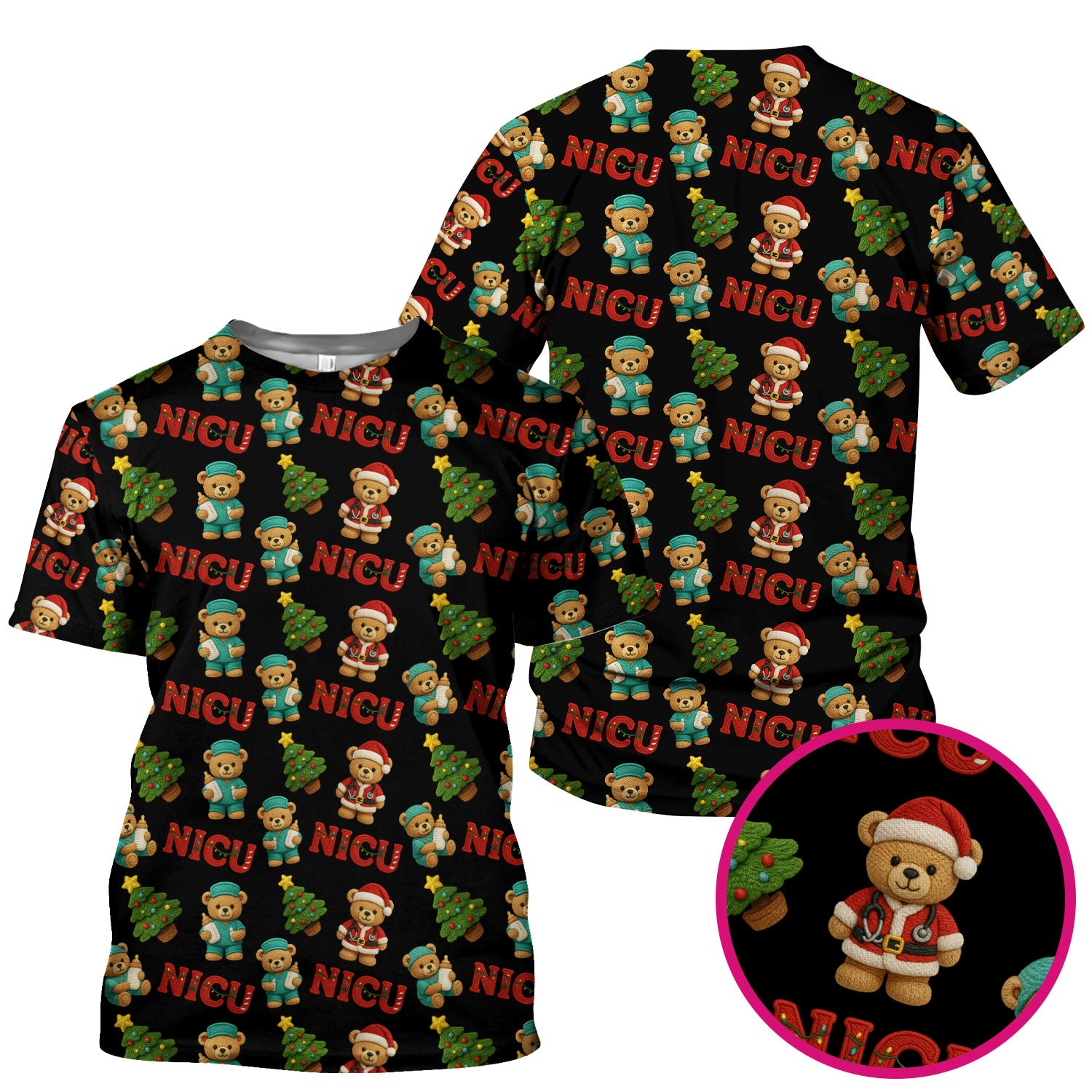 Festive Christmas NICU Nurse Teddy Bear Pattern, Breathable Fabrics Nursing Uniform
