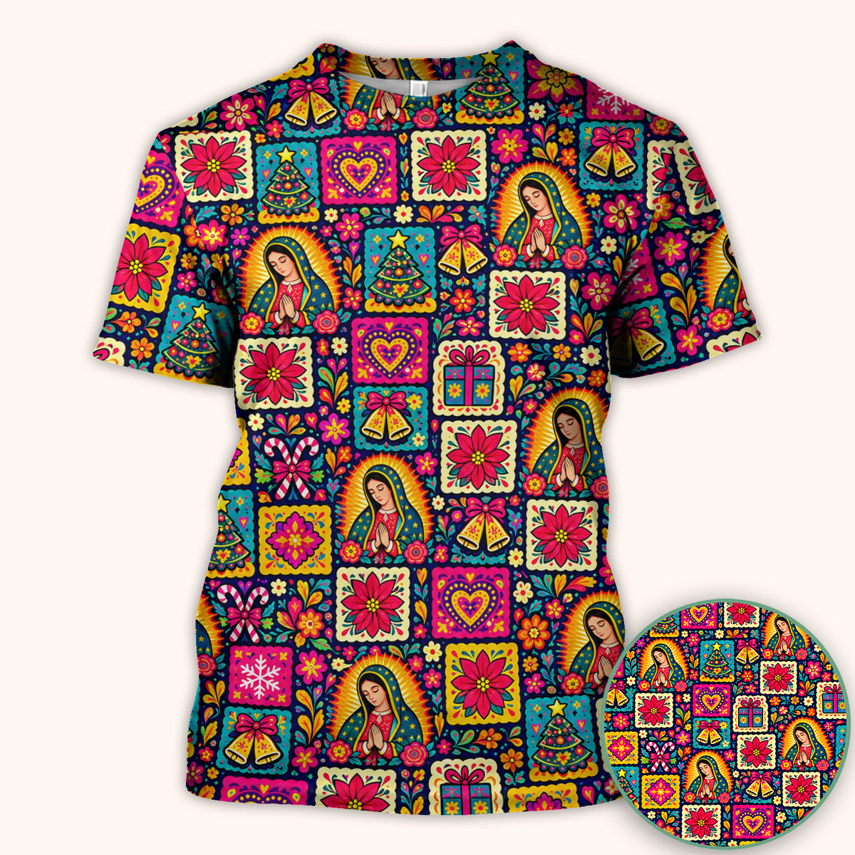 Our Lady of Guadalupe Christmas Folk Art Pattern Scrub Top, Comfortable Scrubs for Nurses