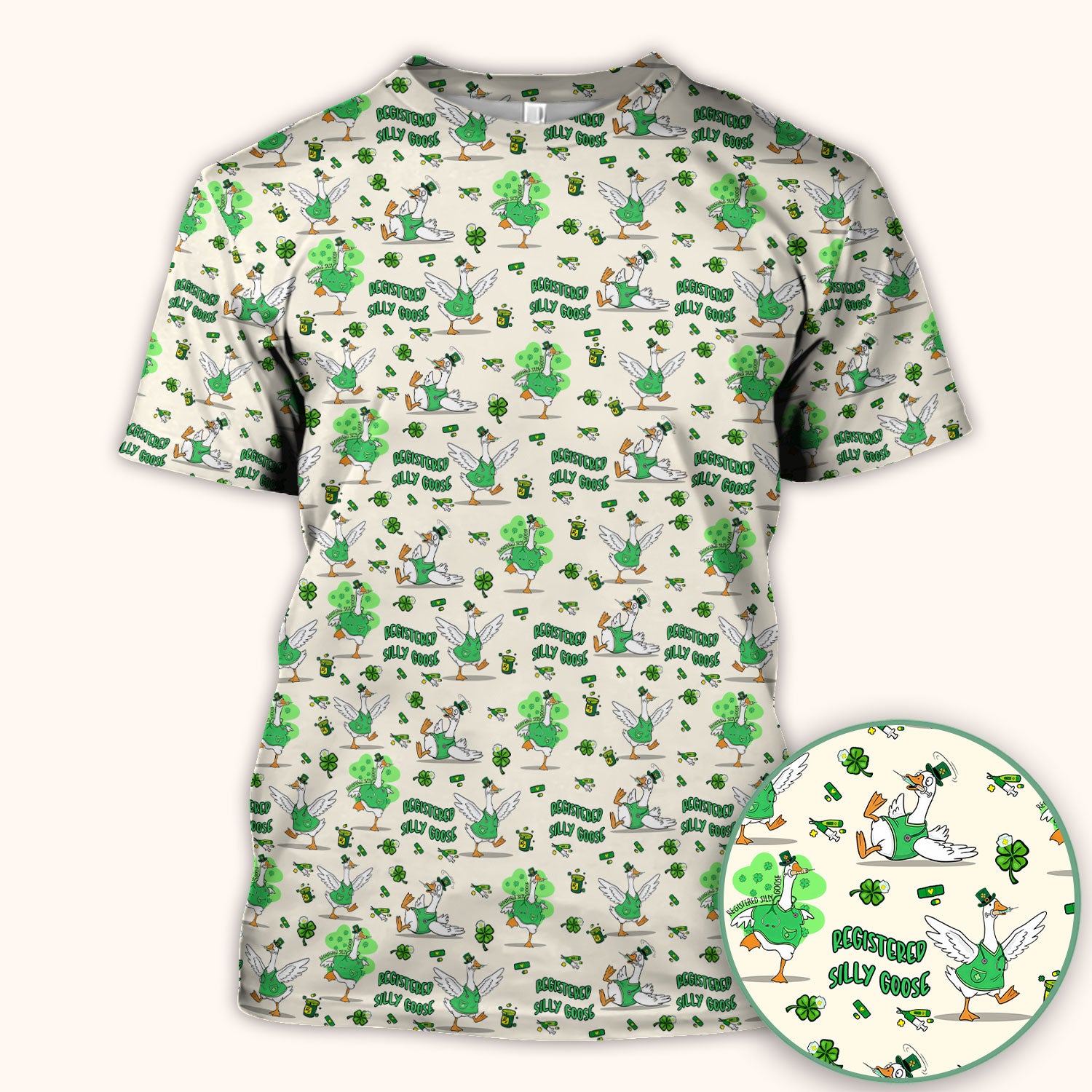 Silly Goose St. Patrick’s Day Scrub Top, Funny Goose Shamrock Pattern Nurse Scrub Shirt, Irish Green Nursing Uniform