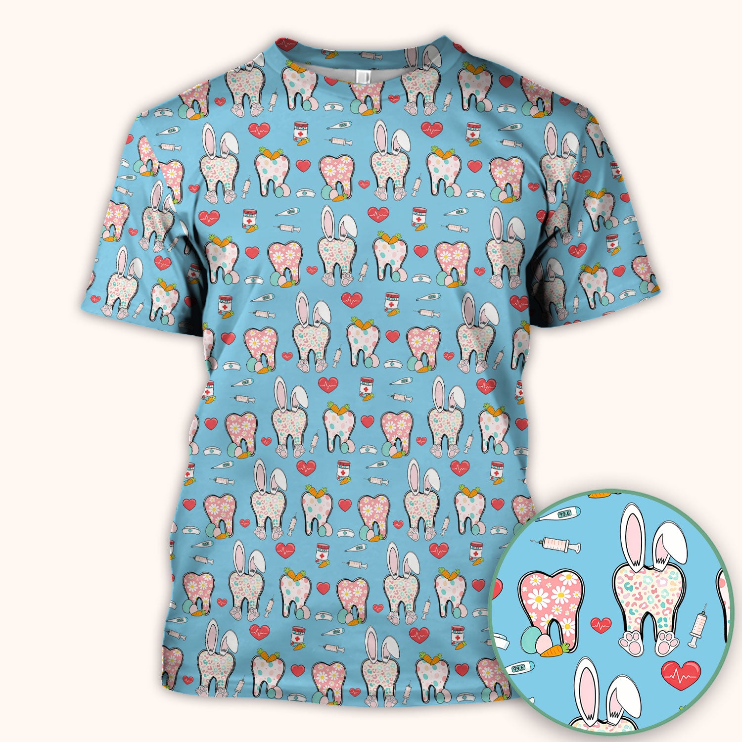 Playful Bunny Dentist Illustration Medical Scrub Top, Comfortable Scrubs for Nurses, Easter
