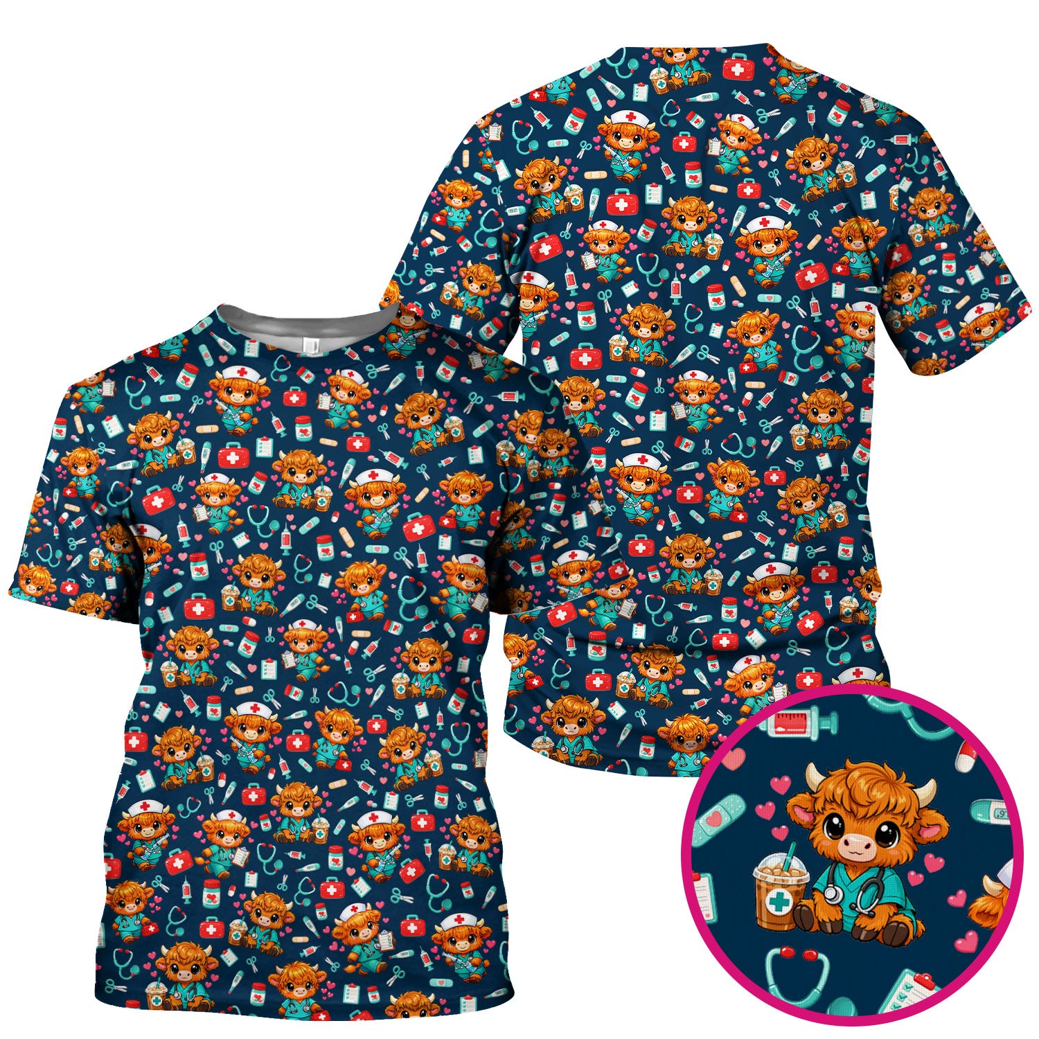 Cute Highland Cow Nurse Scrub Top, Kawaii Medical Pattern Shirt, Breathable Fabrics Nursing Uniform