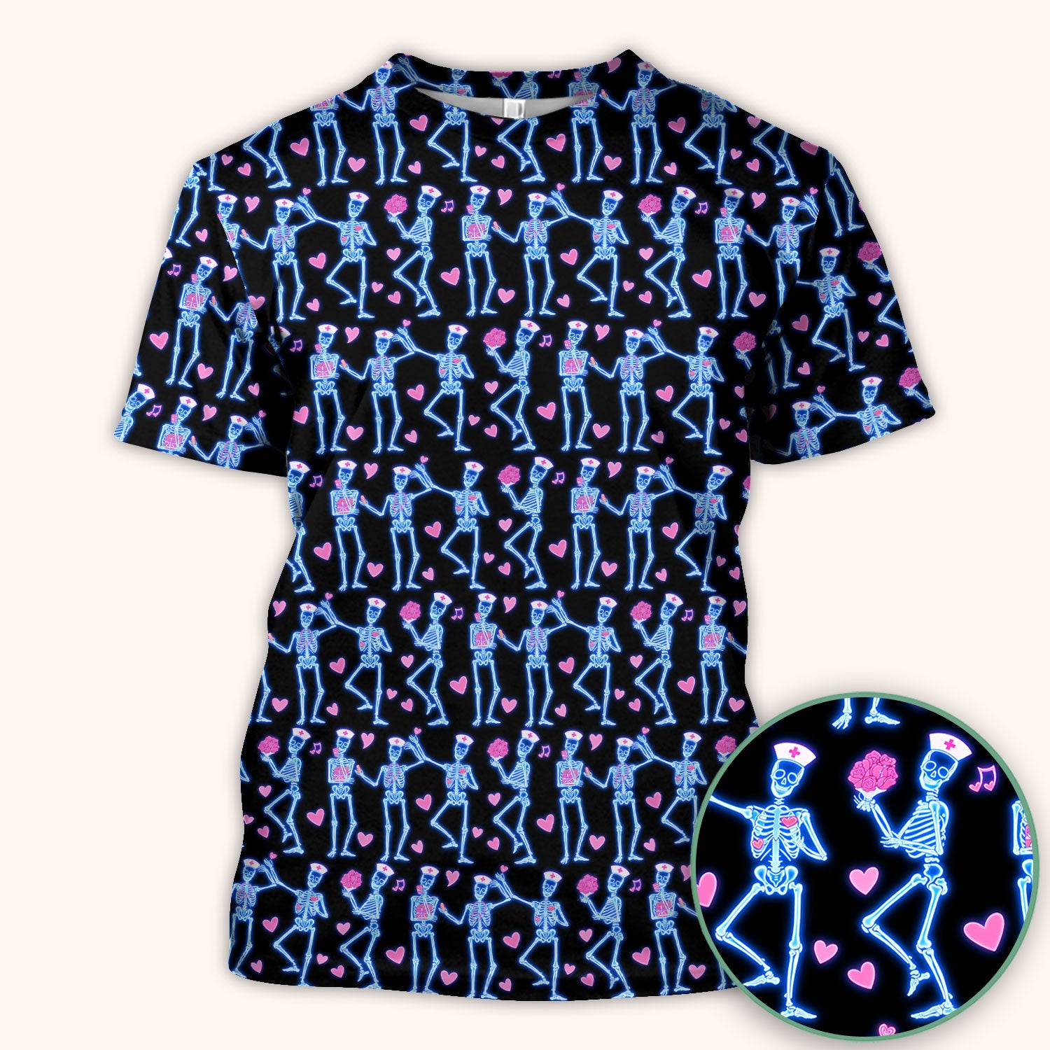 Skeleton Nurse Heart Pattern Scrub Top, Playful Nurse Style, Breathable Fabrics Nursing Uniform