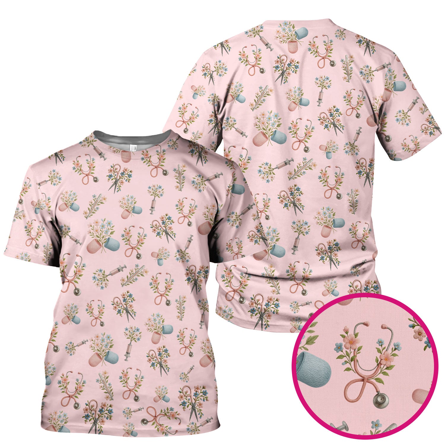 Floral Medical Scrub Top, Elegant Stethoscope With Flower Nursing Shirt, Breathable Fabrics Nurse Uniform