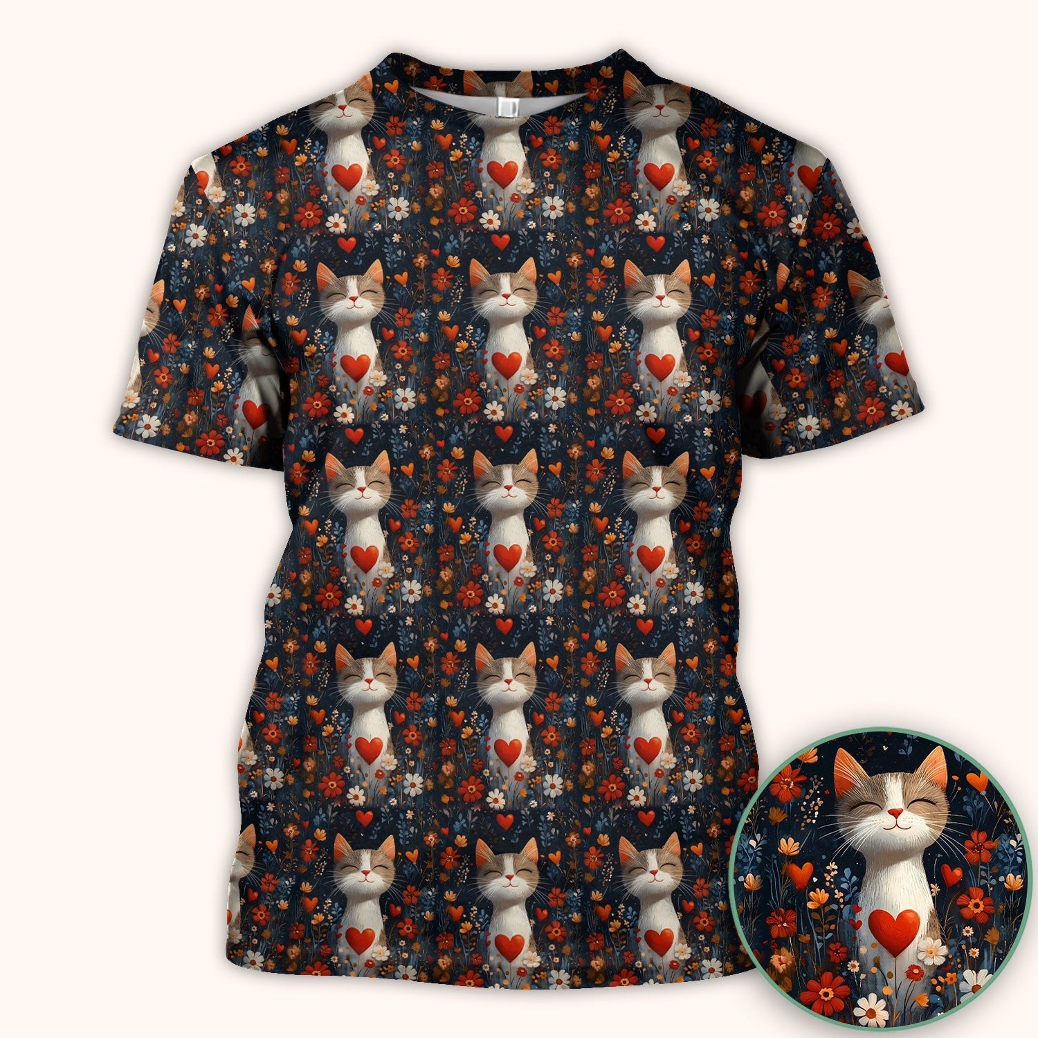 Cat Heart Floral Garden Pattern Scrub Top, Breathable Fabrics Nursing Uniform