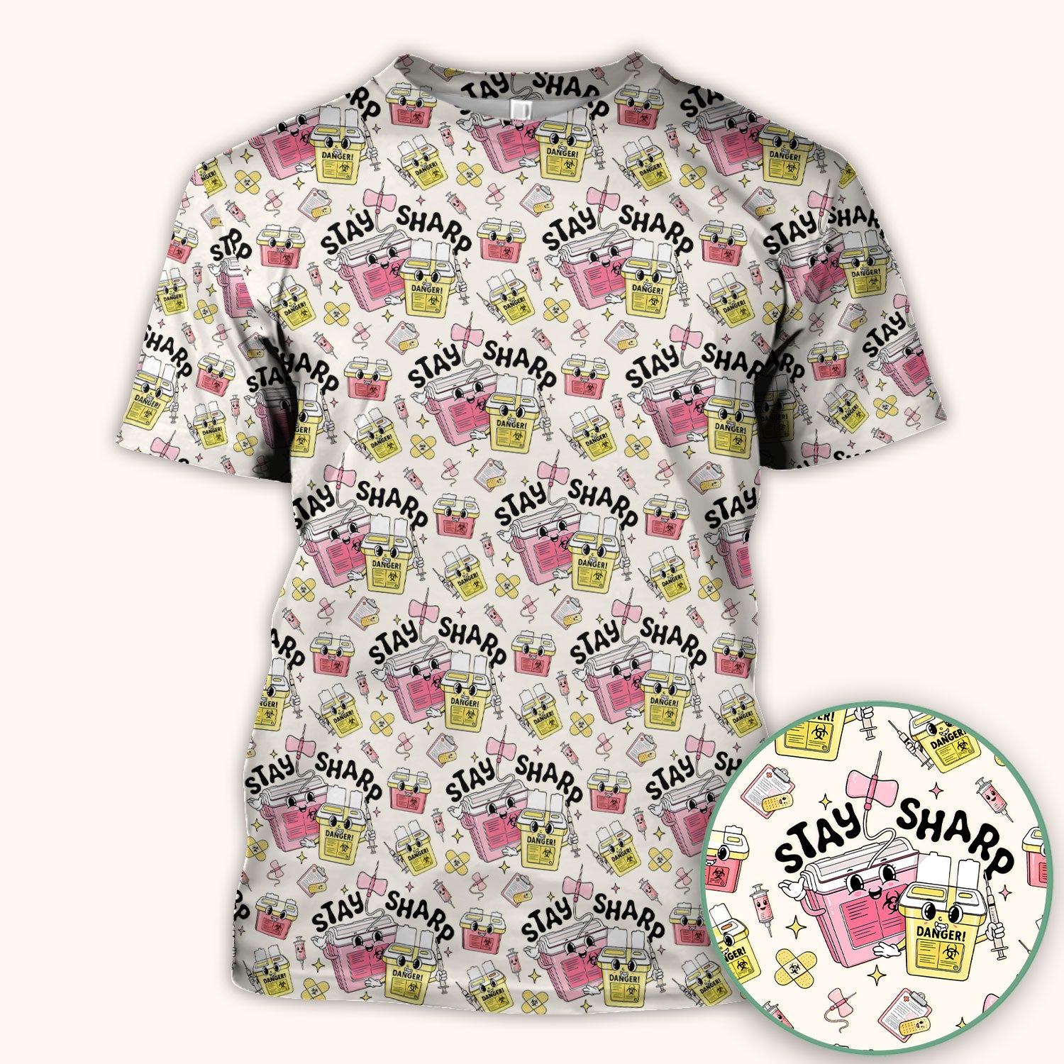 Stay Sharp Nurse Scrub Top, Cute Medical Pattern Scrubs, Breathable Fabrics Nursing Uniform