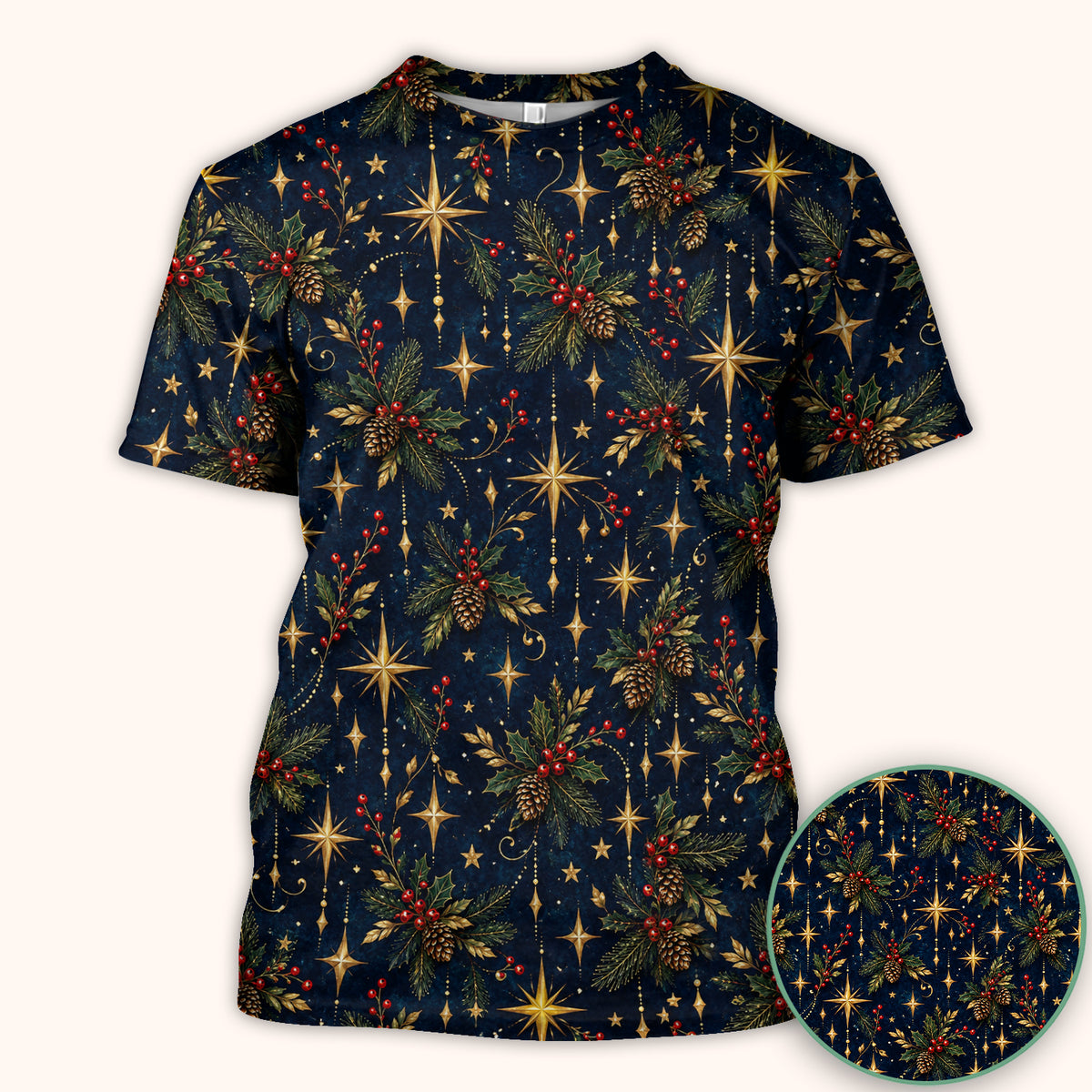 Elegant Christmas Gold Stars and Pinecones Pattern Scrub Top, Comfortable Scrubs for Nurses