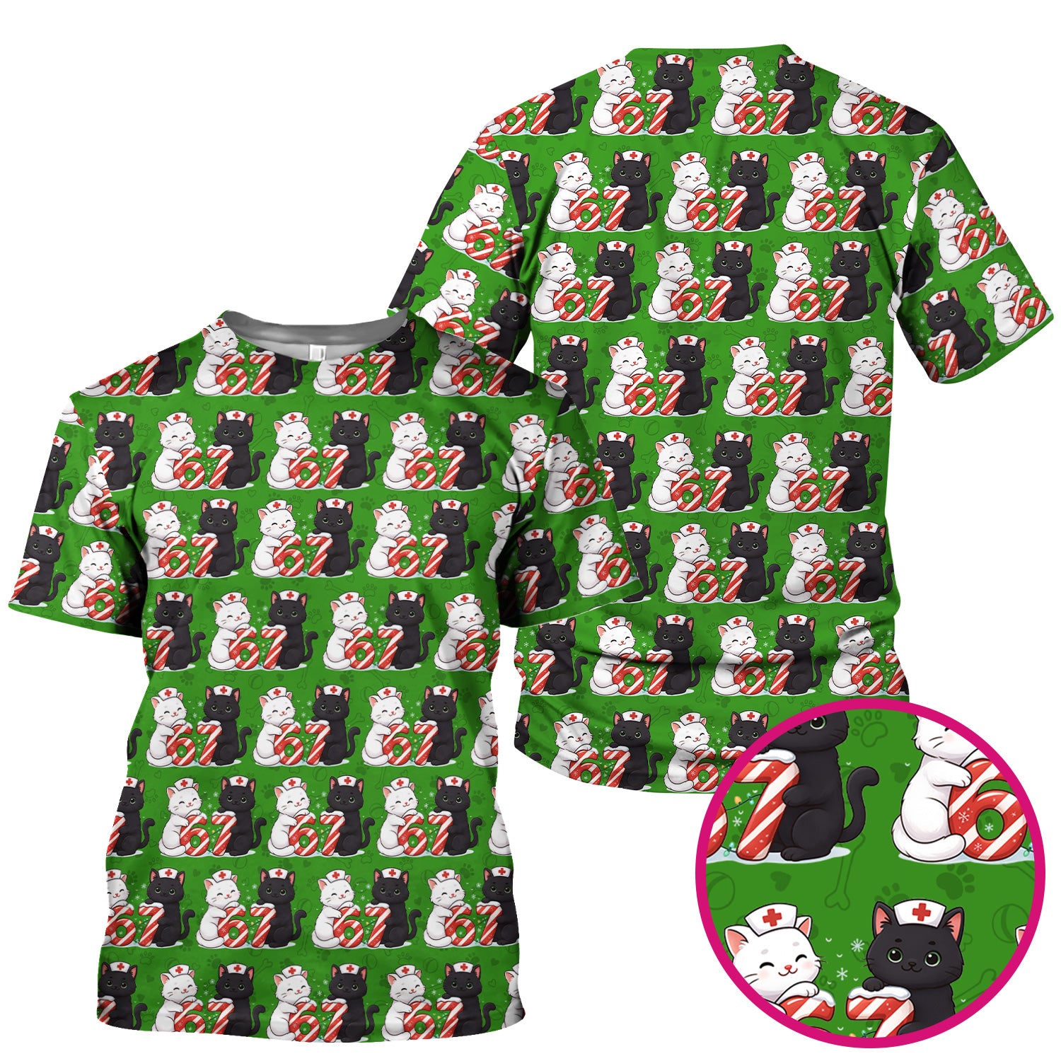 Xmas Cat Pattern Scrub Top, Christmas Nurse Six Seven With Cat Scrub Shirt, Breathable Fabrics Nursing Uniform