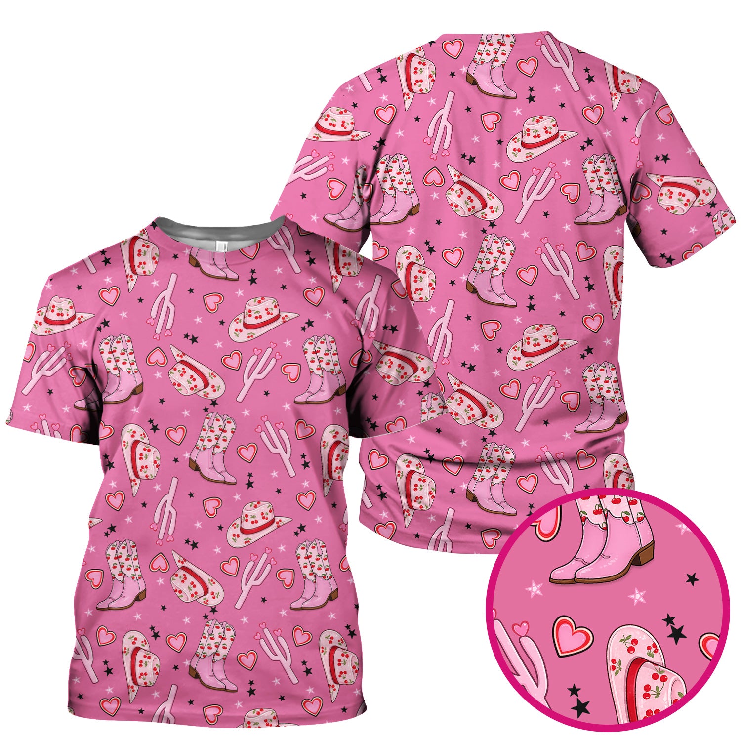 Pink Cowgirl Western Boots Hat Pattern Scrub Top, Breathable Medical Uniform Top