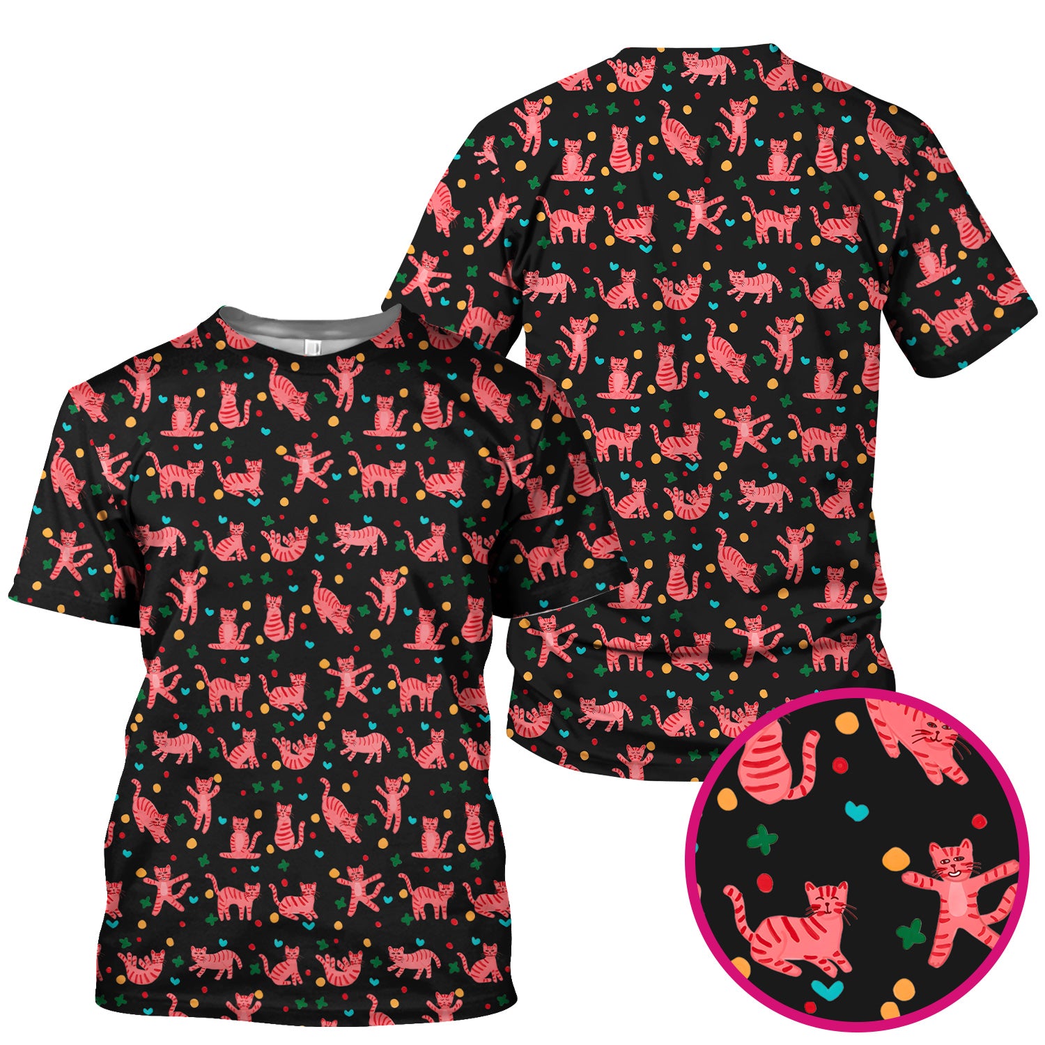 Cute Pink Cat Pattern Scrub Top, Comfortable Scrubs for Nurses