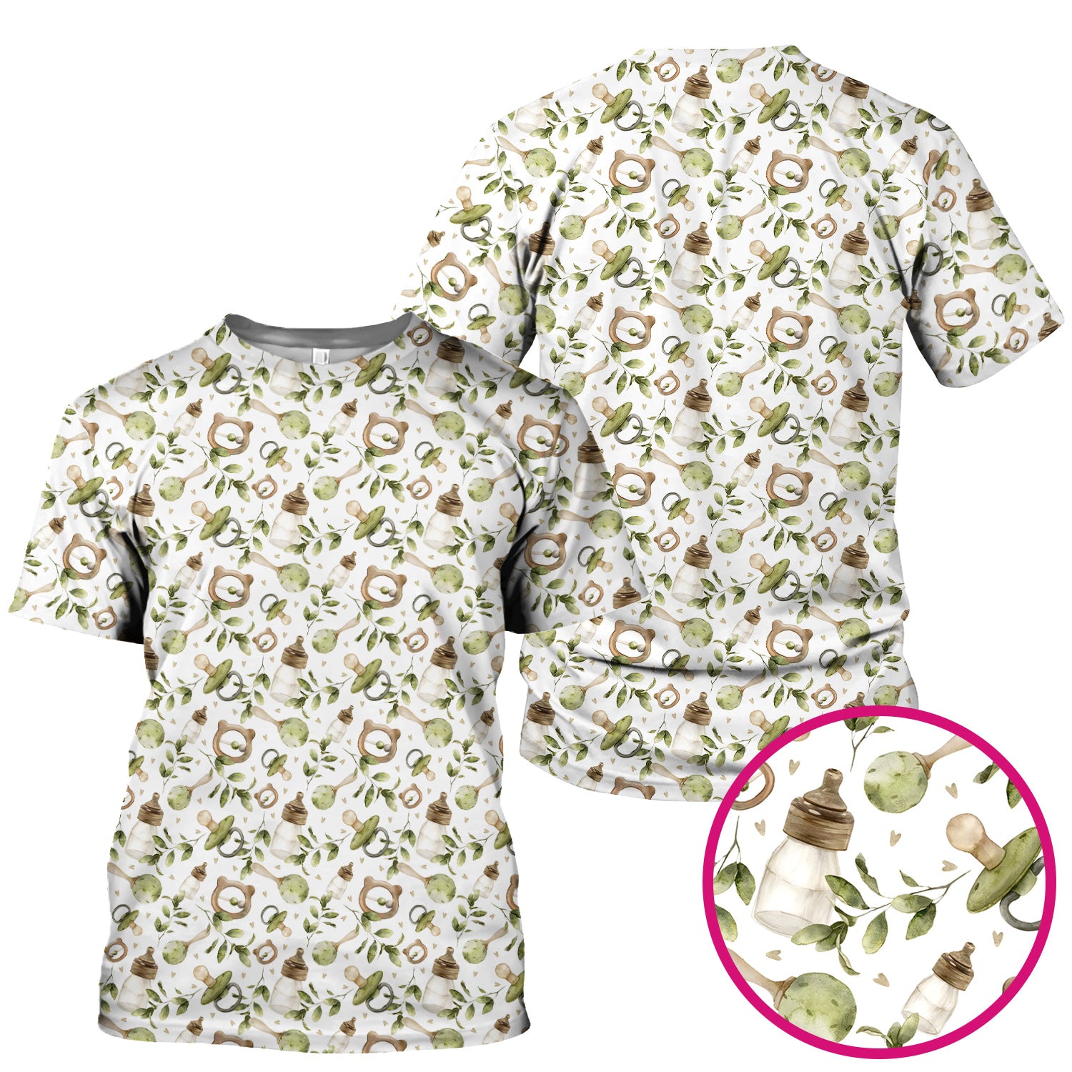 Cute Baby Bottle and Greenery Pattern Scrub Top, Breathable Fabrics Nursing Uniform