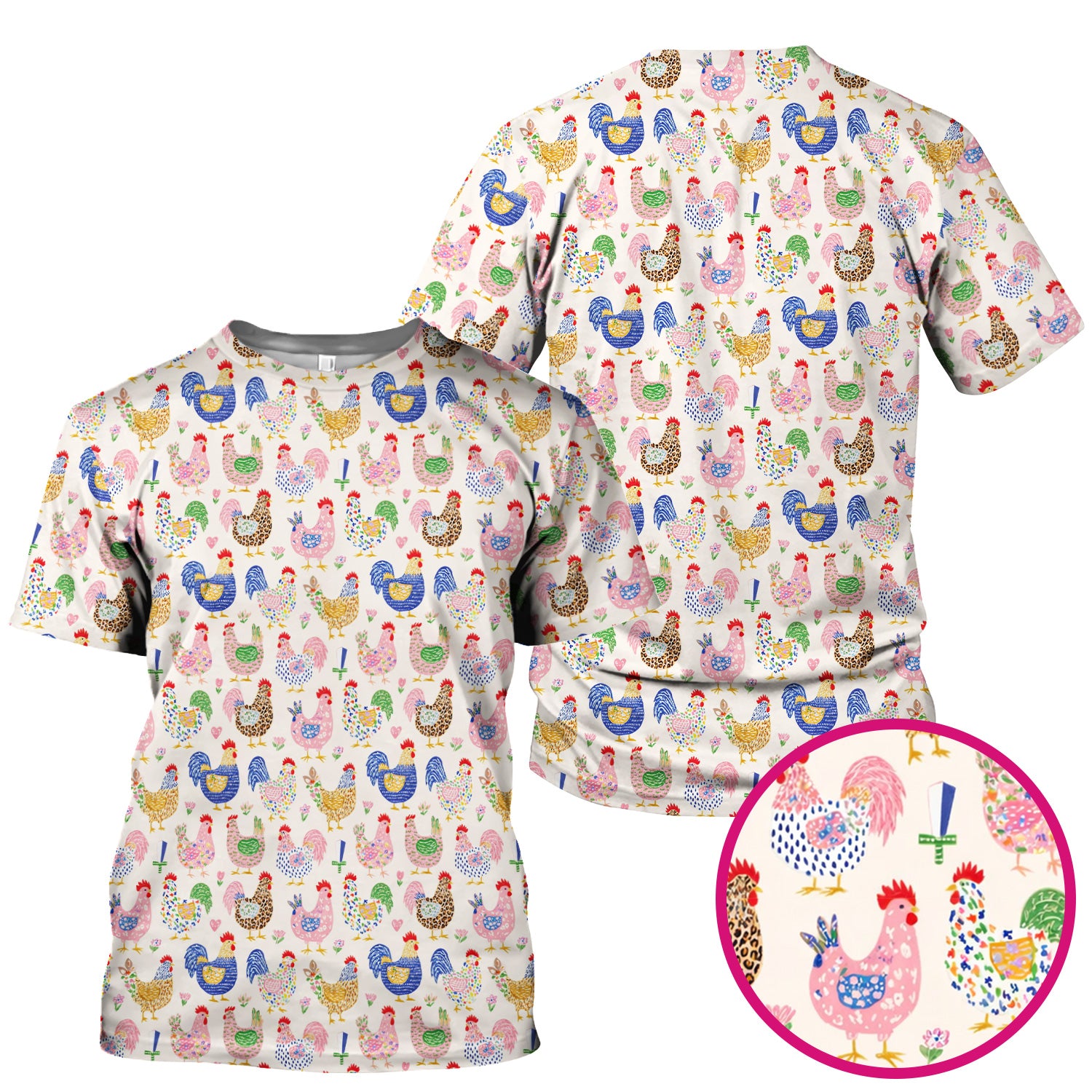 Colorful Chicken Farm Pattern Scrub Top, Breathable Fabrics Nursing Uniform