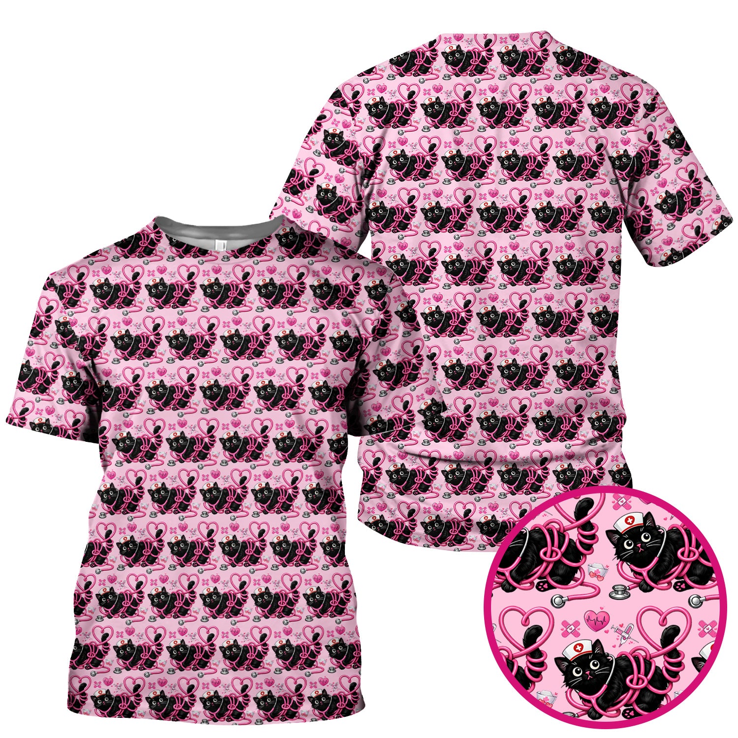 Valentine Cute Cat Nurse Heart Print Scrub Top, Comfortable Scrubs for Nurses