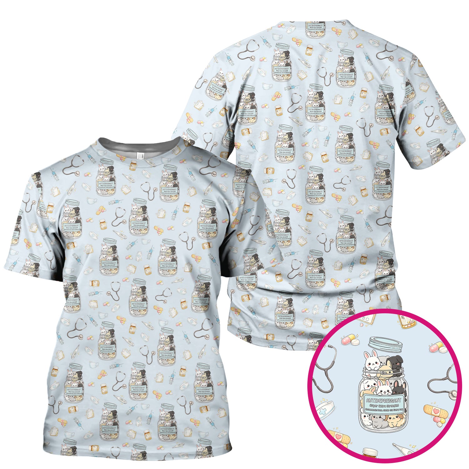 Whimsical Antidepressant Rabbit Jar Design Nurse Scrub Top, Soft & Breathable Workwear