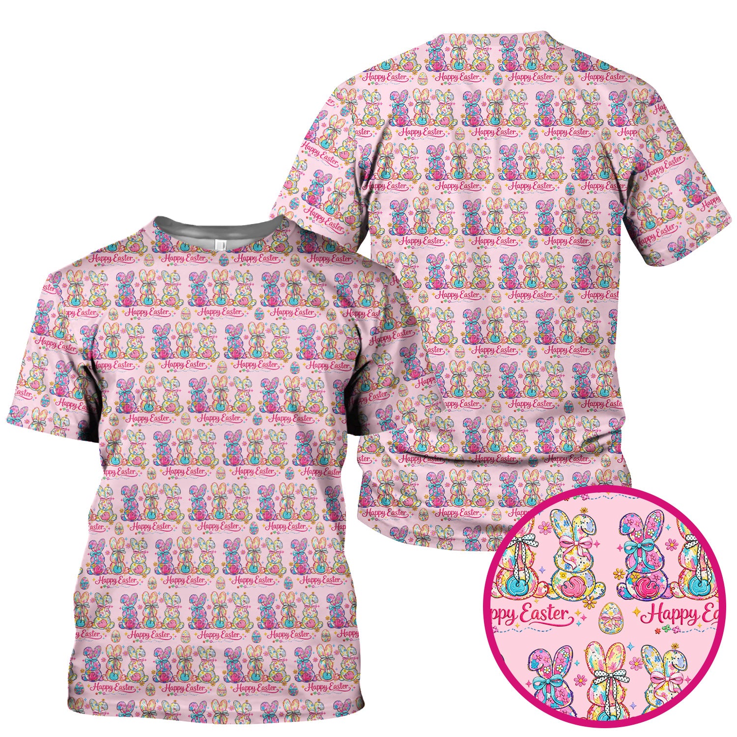 Pink Happy Easter Bunny Pattern Scrub Top, Comfortable Scrubs for Nurses