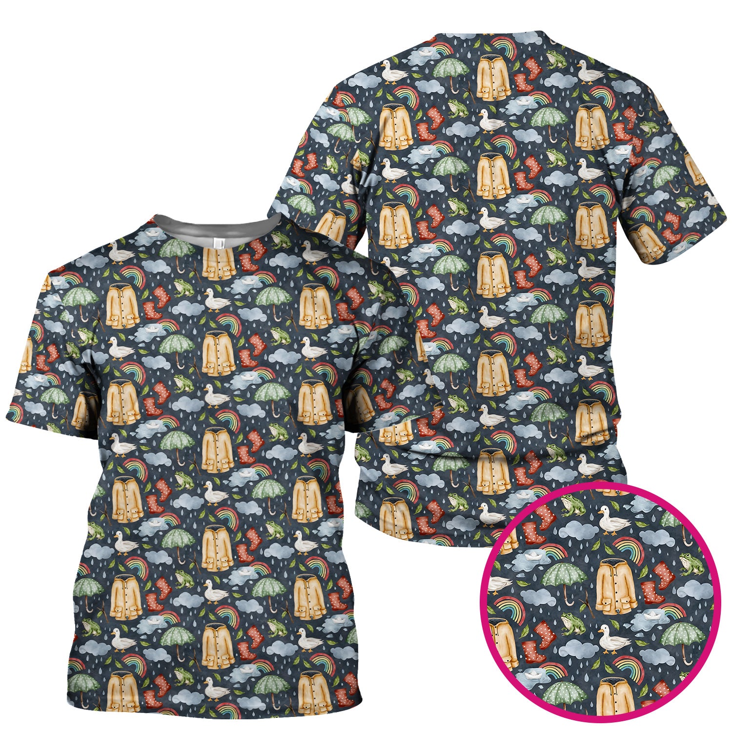 Cute Rainy Day Ducks & Frog Rainbow Pattern Scrub Top, Colorful Gothic Nurse Scrubs Uniform